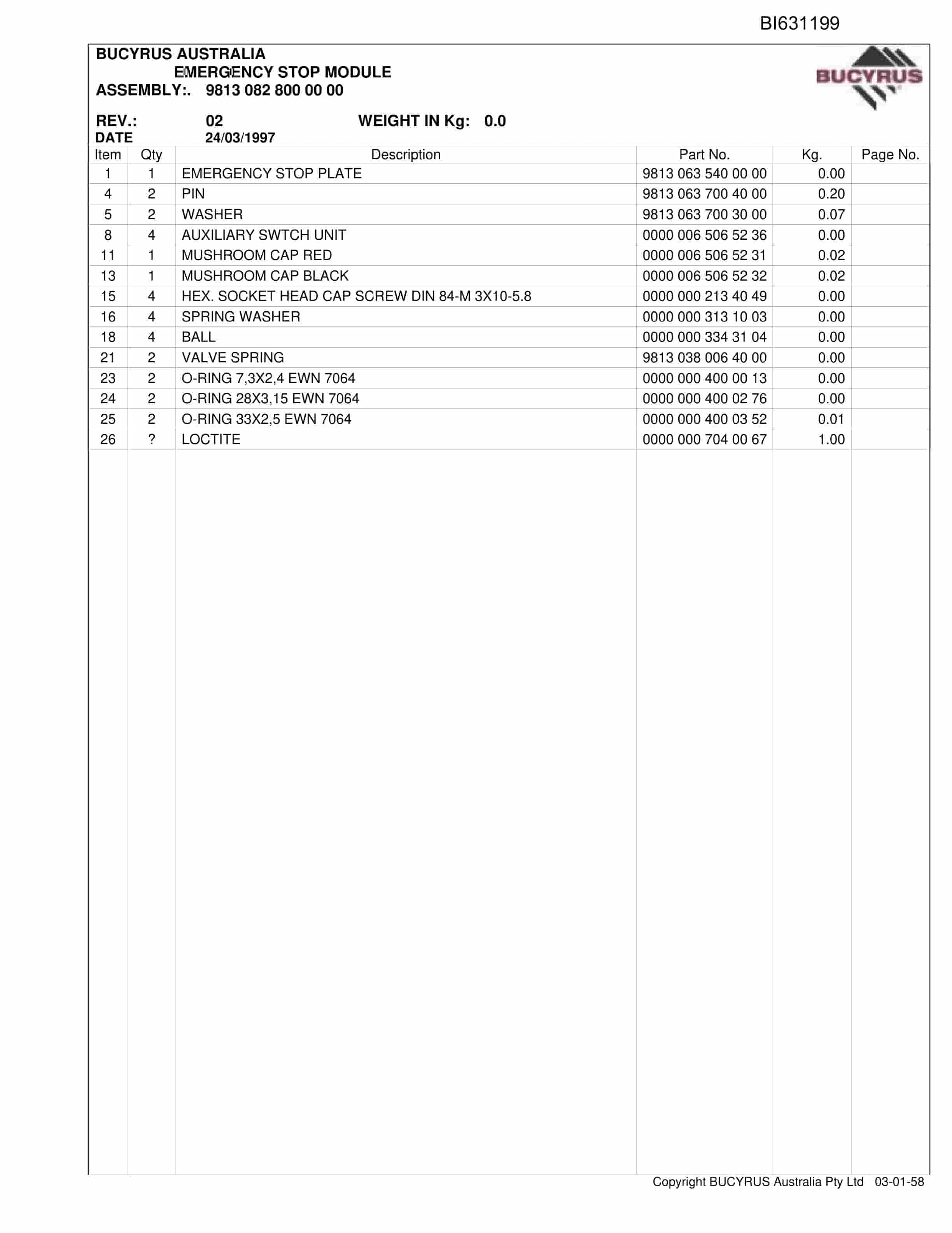 Bucyrus Shields Newlands North Overhaul 2010 Parts Catalog BI631199-5