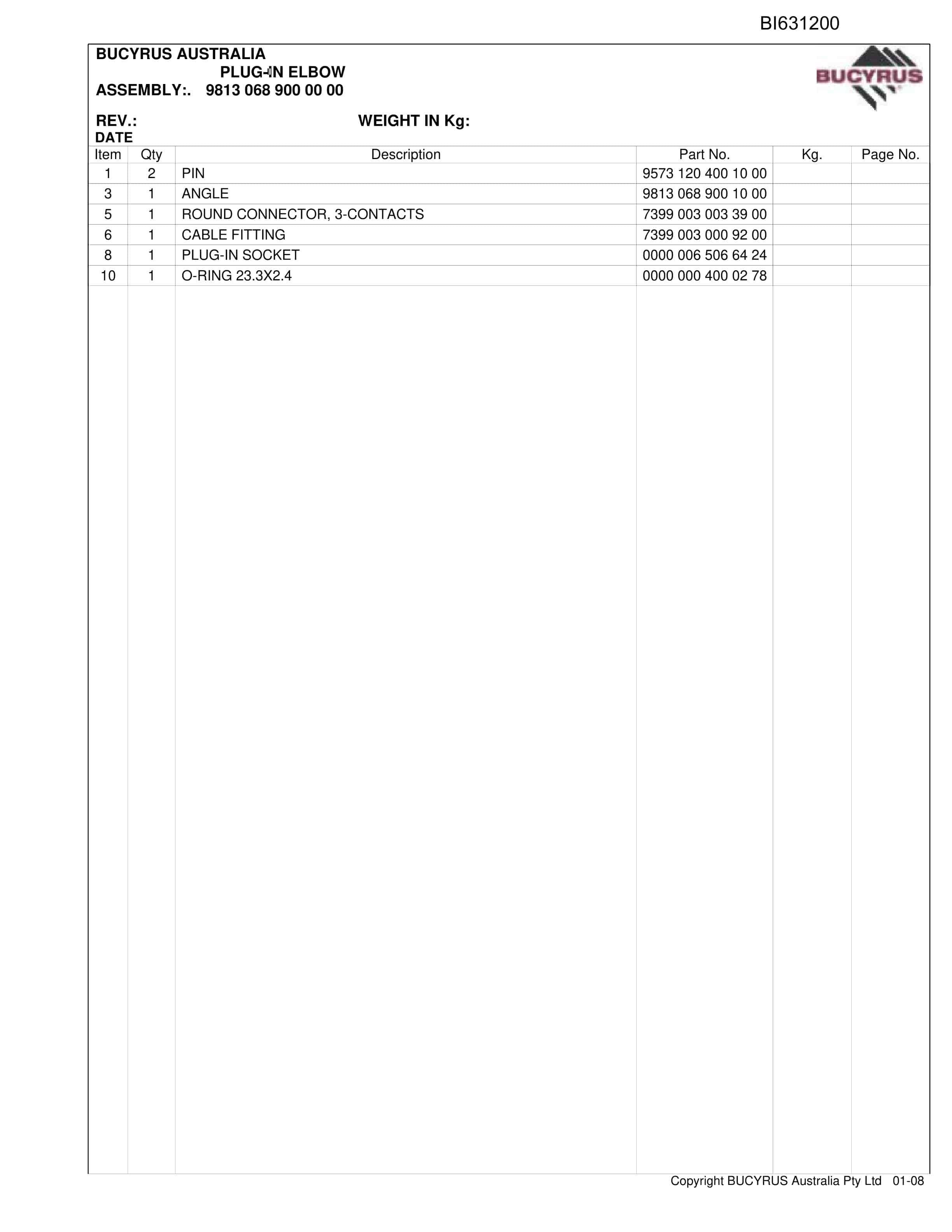 Bucyrus Shields PM4 West Wallsend Parts Catalog BI631200-4