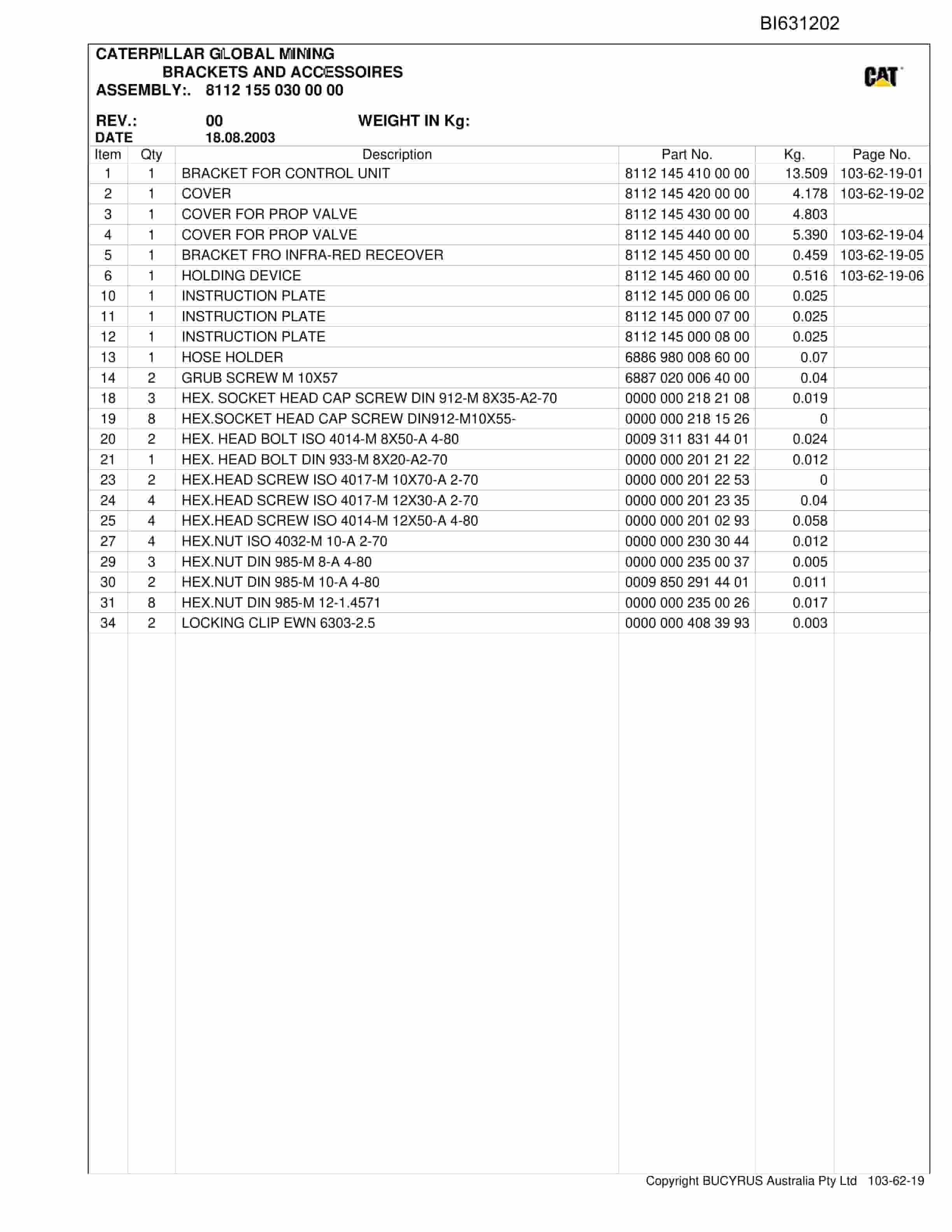 Bucyrus Shields Tahmoor Parts Catalog BI631202-4