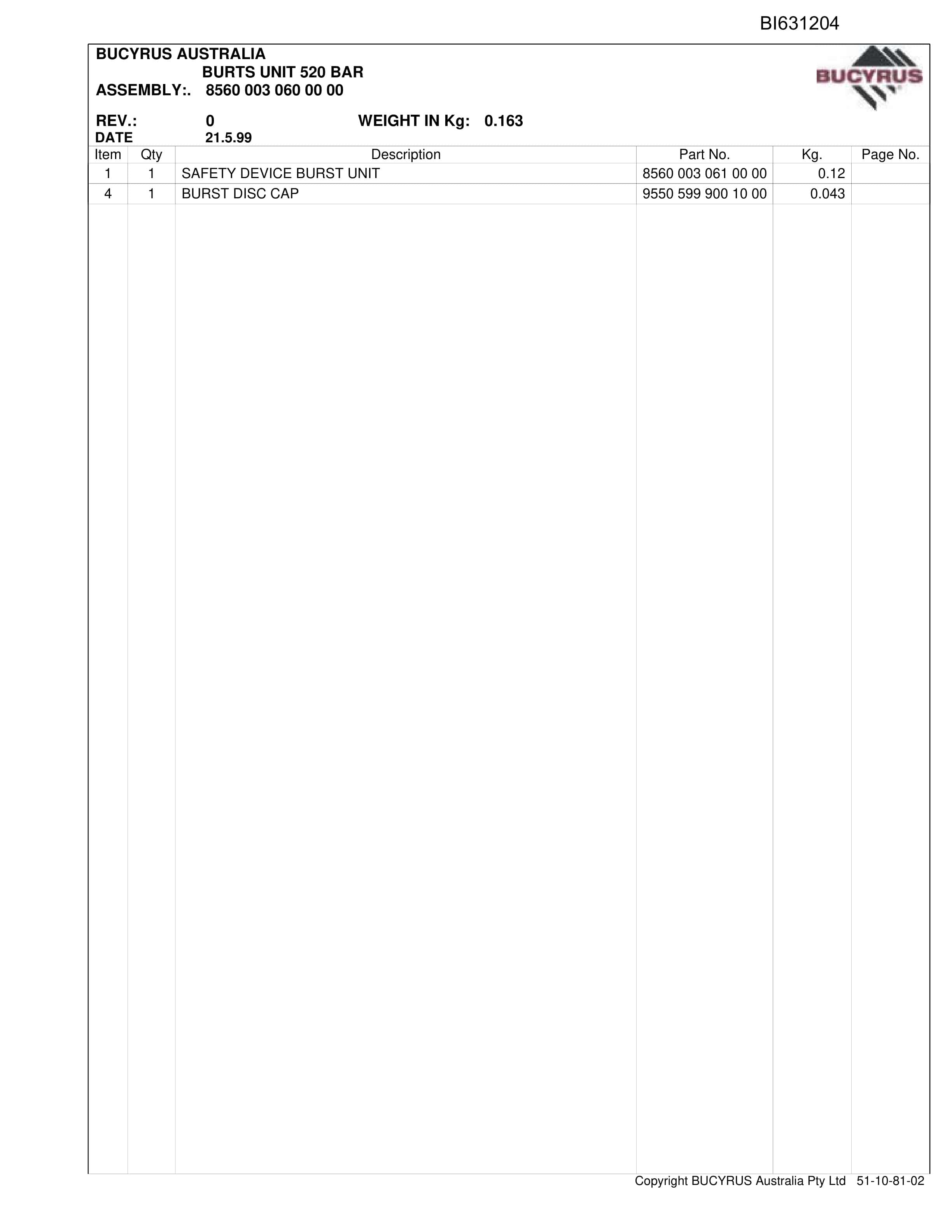 Bucyrus Shoshone Shields Helensburgh Parts Catalog BI631204-5