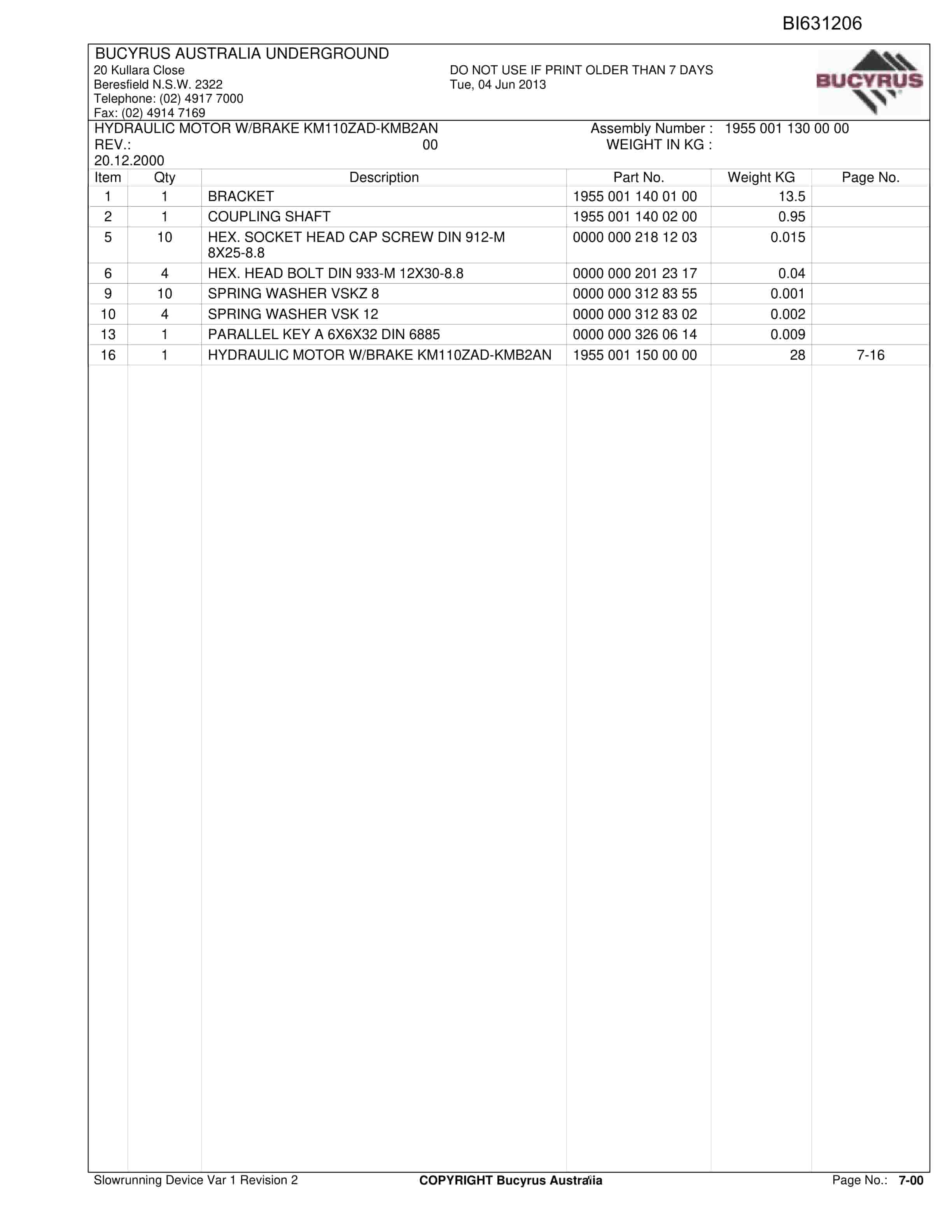 Bucyrus Slowrunning Device Var 1 Revision 2 Parts Catalog BI631206-2