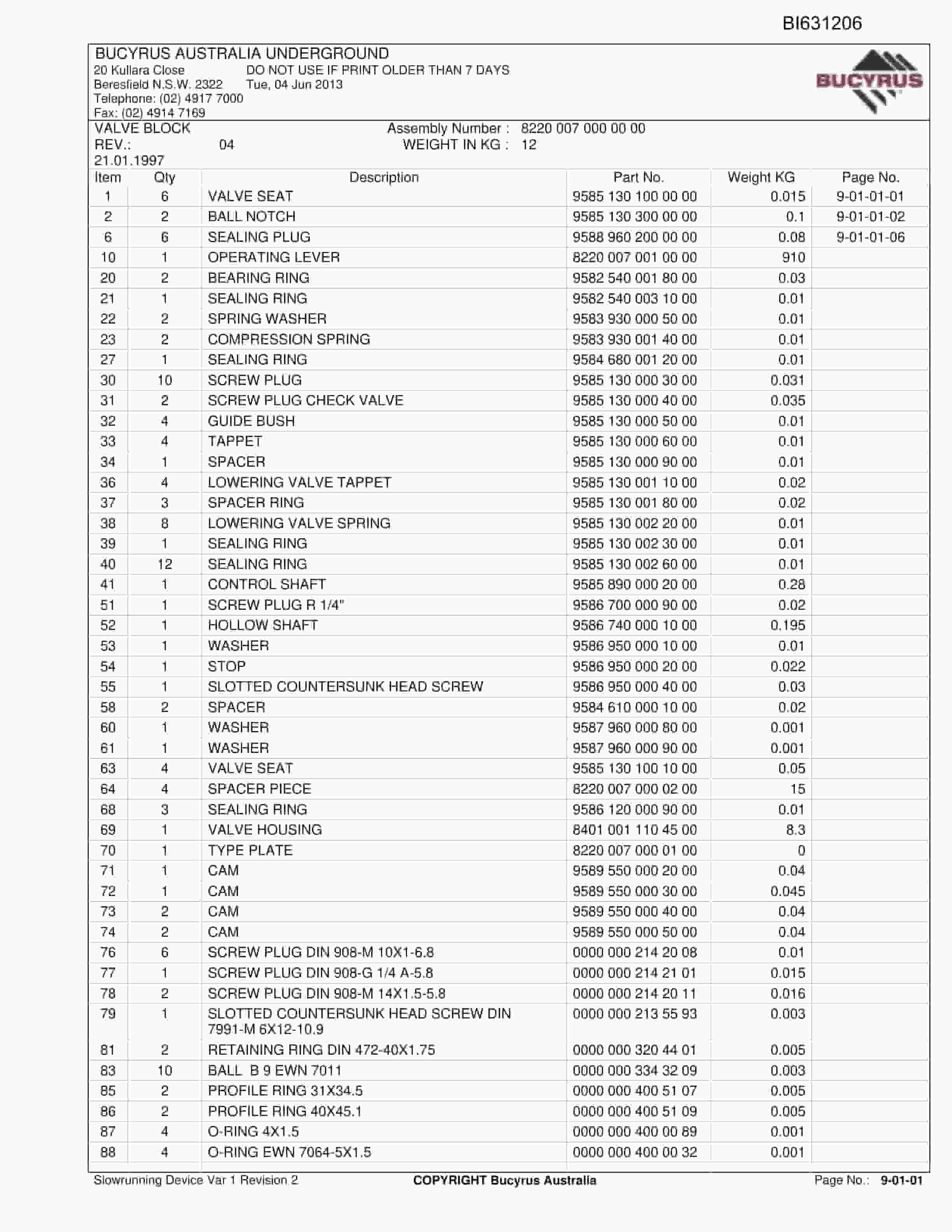 Bucyrus Slowrunning Device Var 1 Revision 2 Parts Catalog BI631206-5