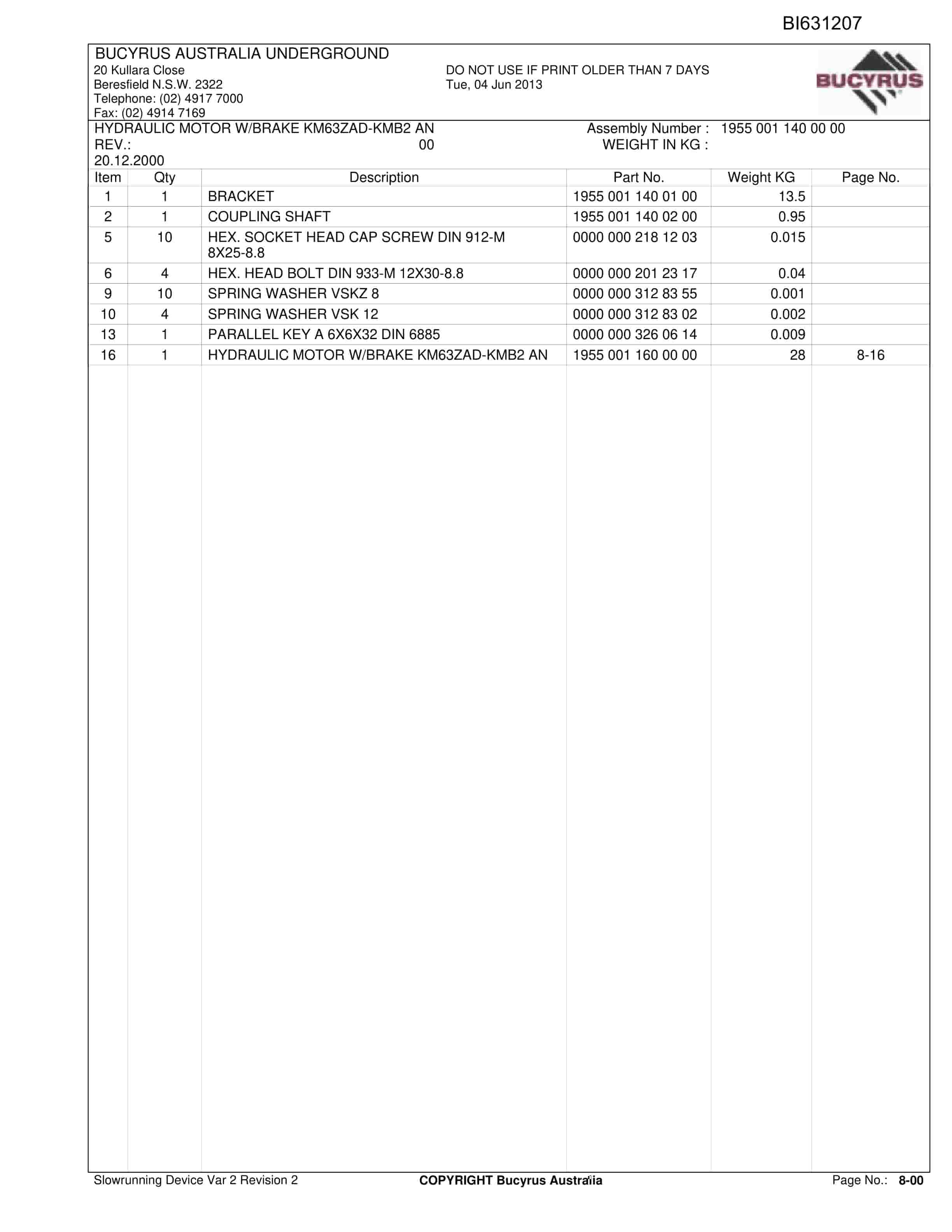 Bucyrus Slowrunning Device Var 2 Revision 2 Parts Catalog BI631207-2