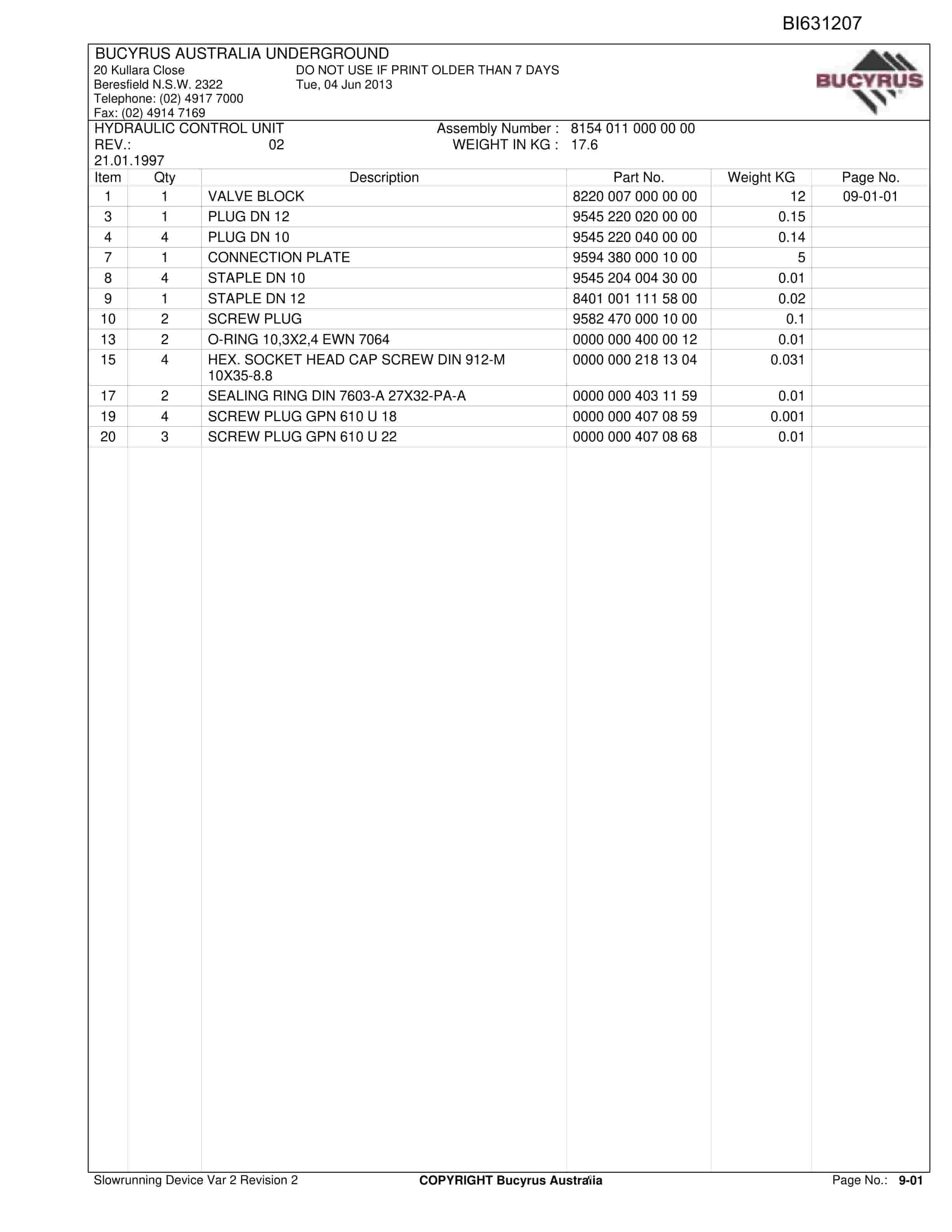 Bucyrus Slowrunning Device Var 2 Revision 2 Parts Catalog BI631207-4