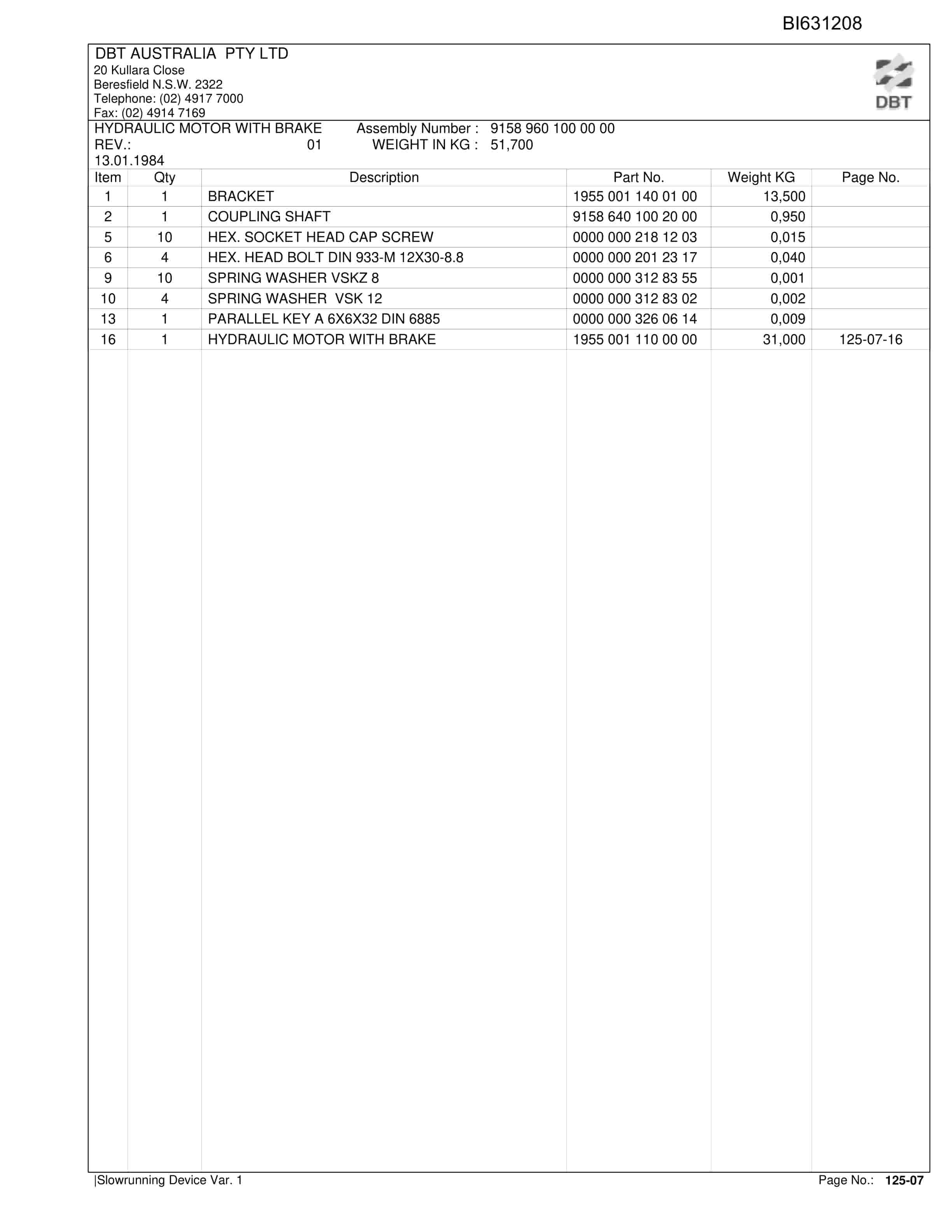 Bucyrus Slowrunning Device Var.1 Parts Catalog BI631208-2