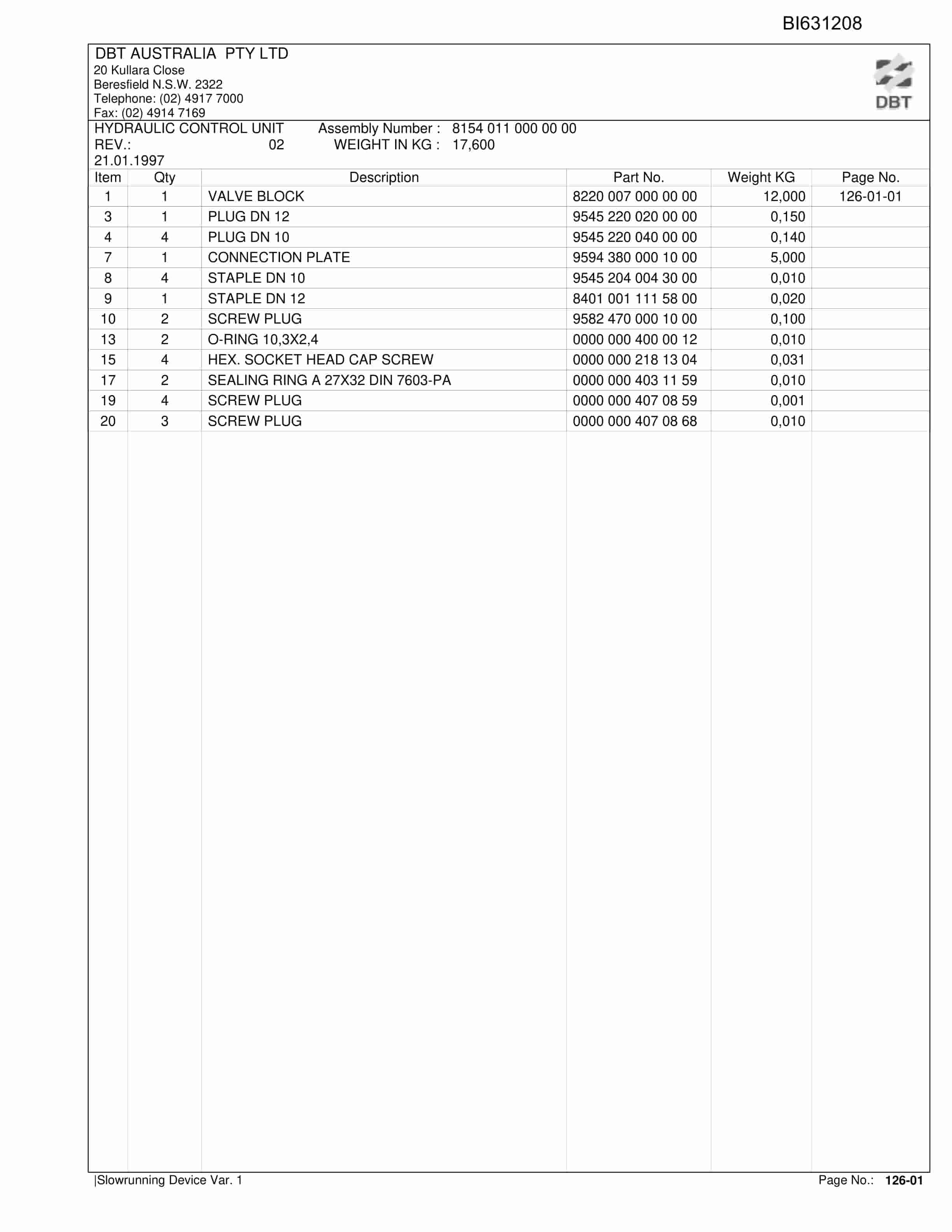 Bucyrus Slowrunning Device Var.1 Parts Catalog BI631208-4