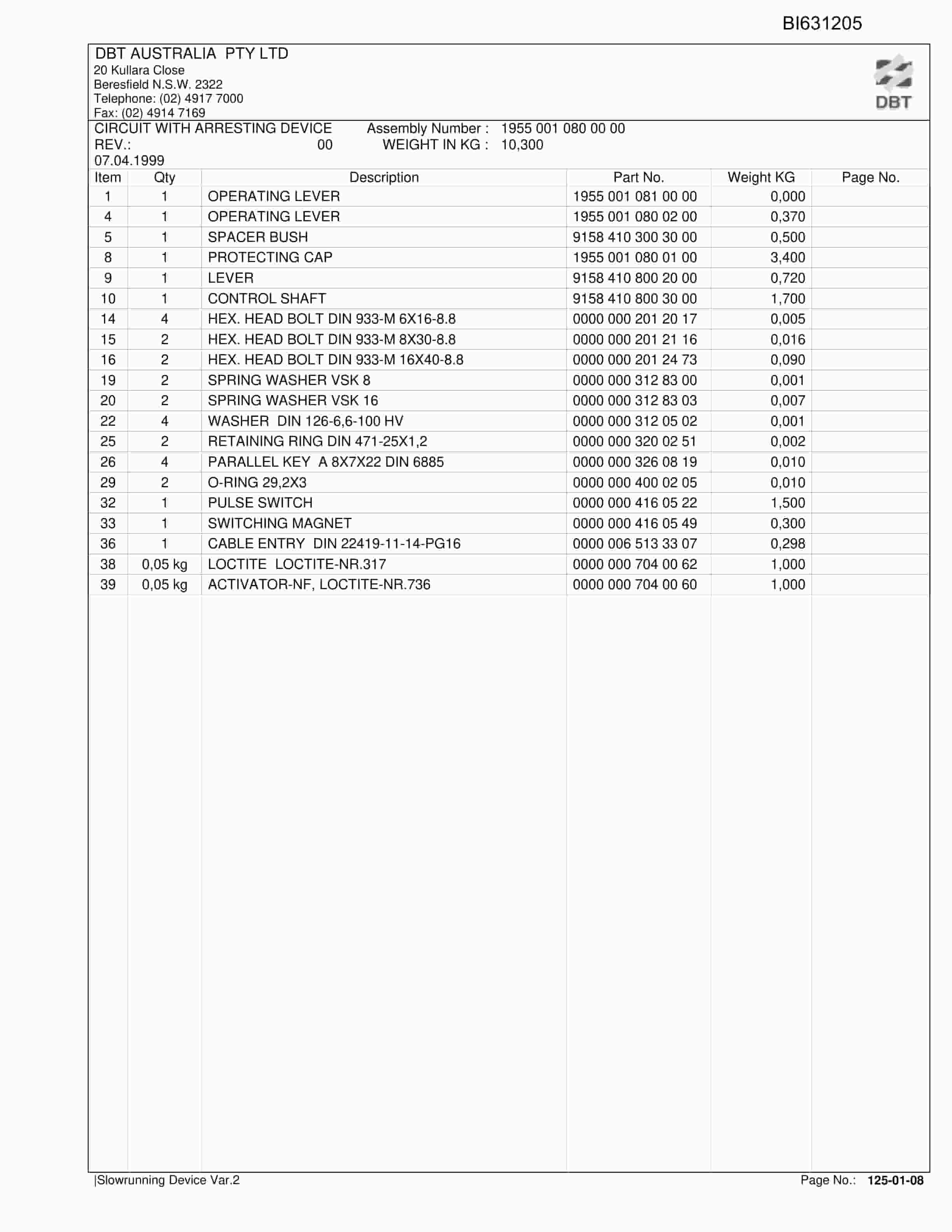 Bucyrus Slowrunning Device Var.2 Parts Catalog BI631205-2