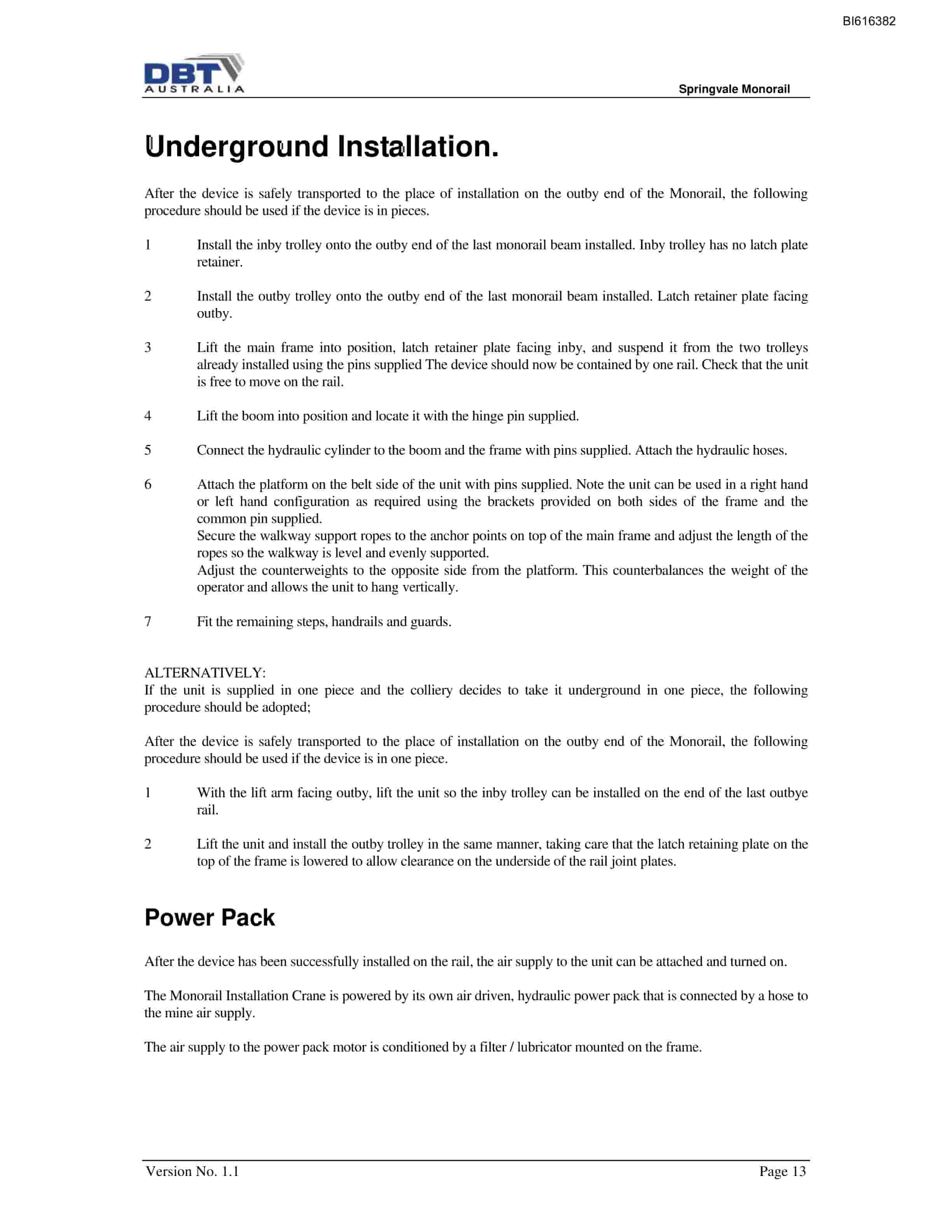 Bucyrus Springvale Monorail Installation Crane Technical Manual BI616382-5