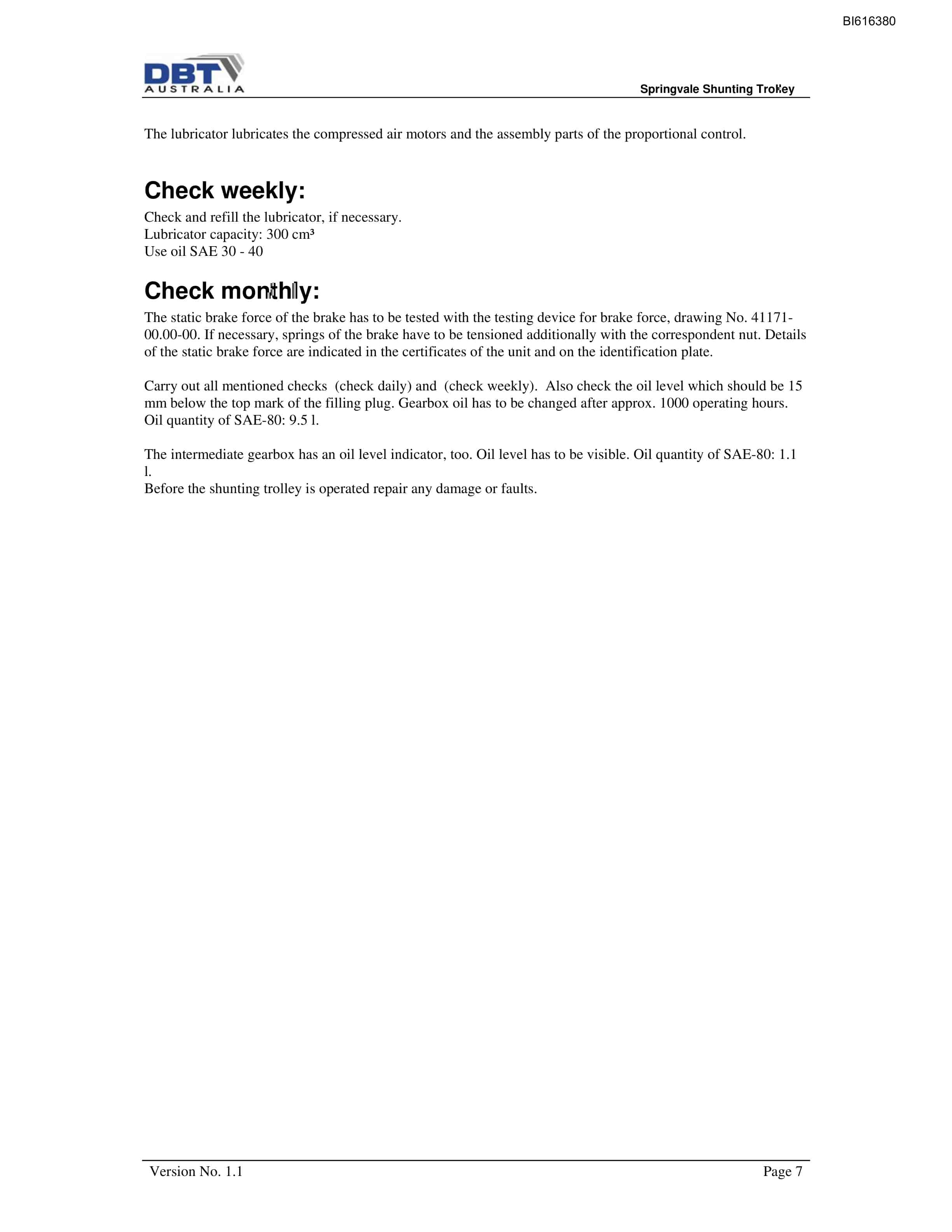 Bucyrus Springvale Shunting Trolley Technical Manual BI616380-2