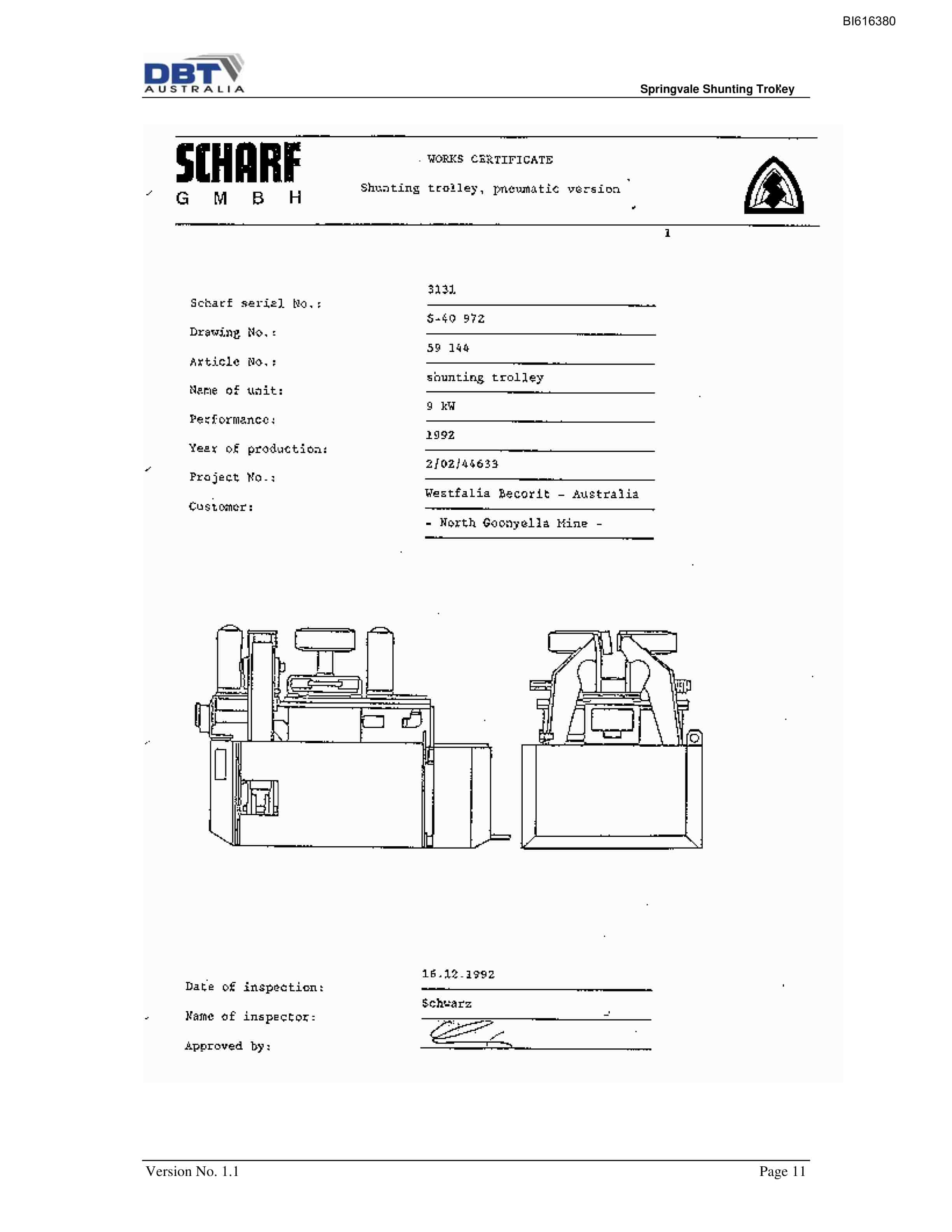 Bucyrus Springvale Shunting Trolley Technical Manual BI616380-4