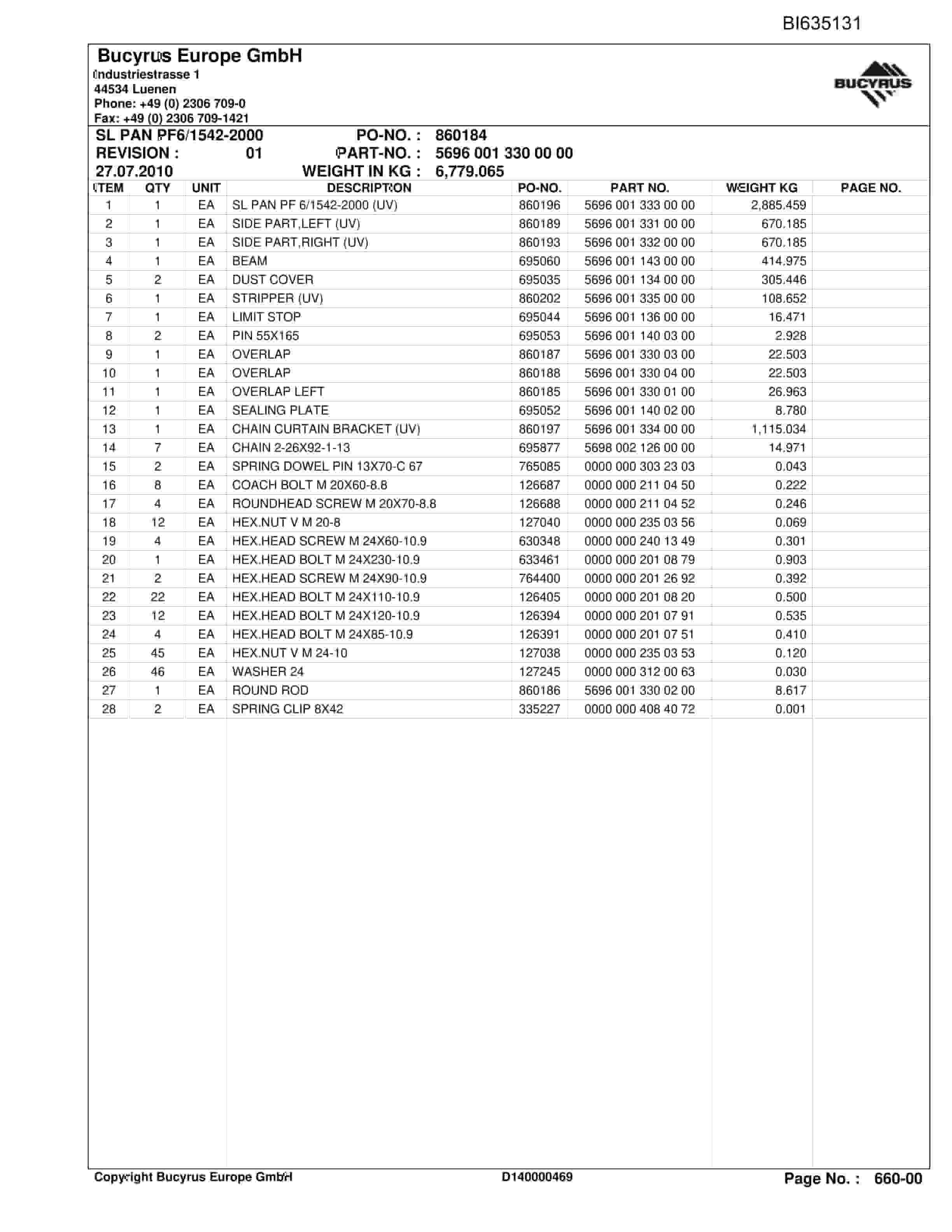Bucyrus Stage Loader PF 6-1542 Parts Catalog BI635131-3