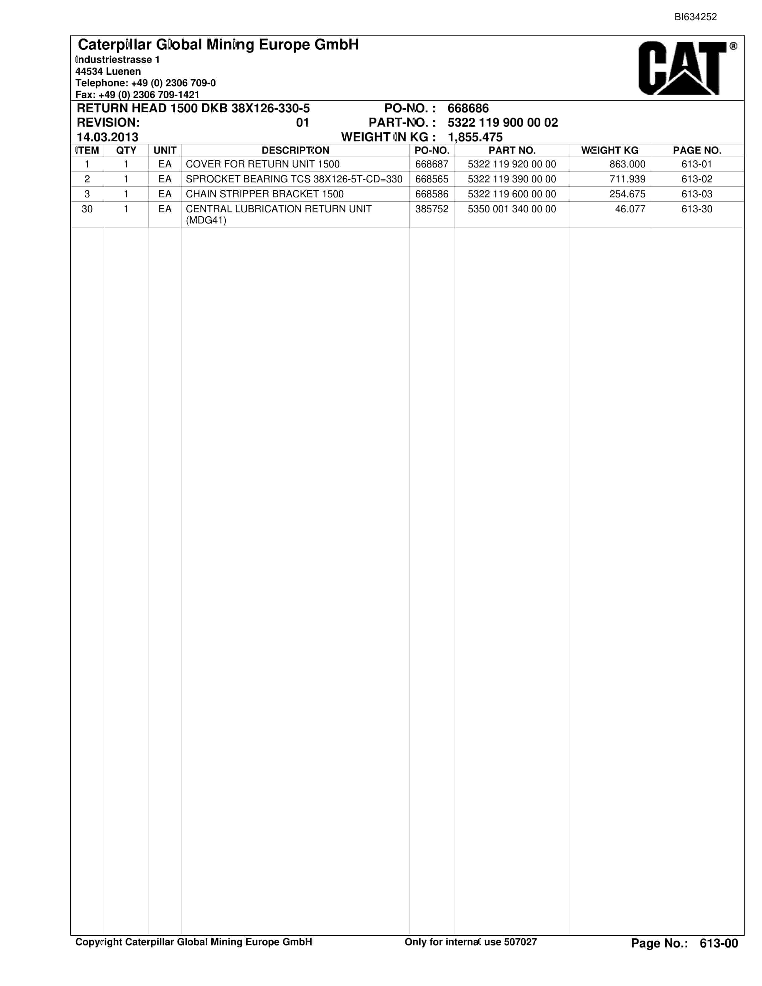 Bucyrus Stationerer BSL, PF6-1542 CA.52 M LG Parts Catalog BI634252-2