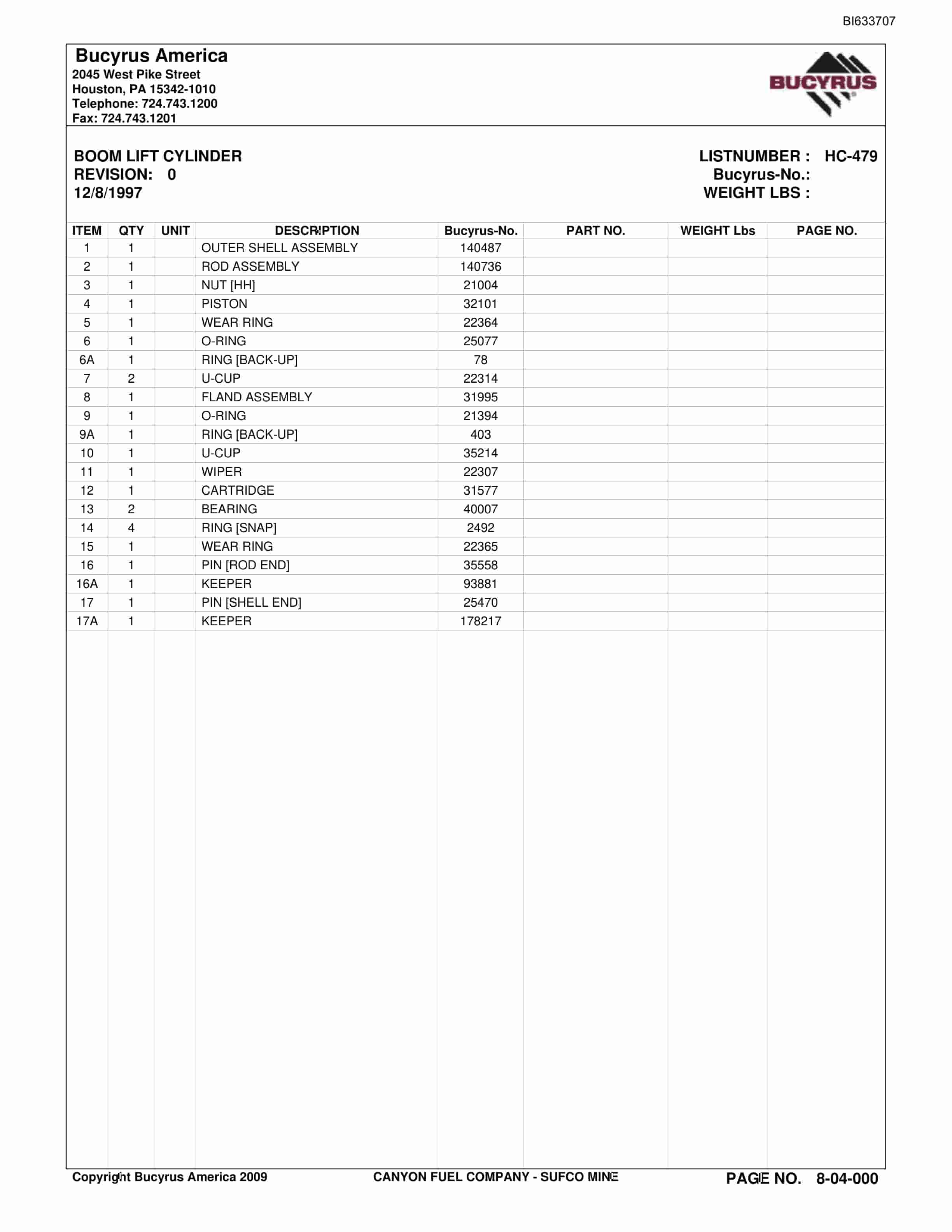 Bucyrus Sufco Mine Parts Catalog BI633707-2