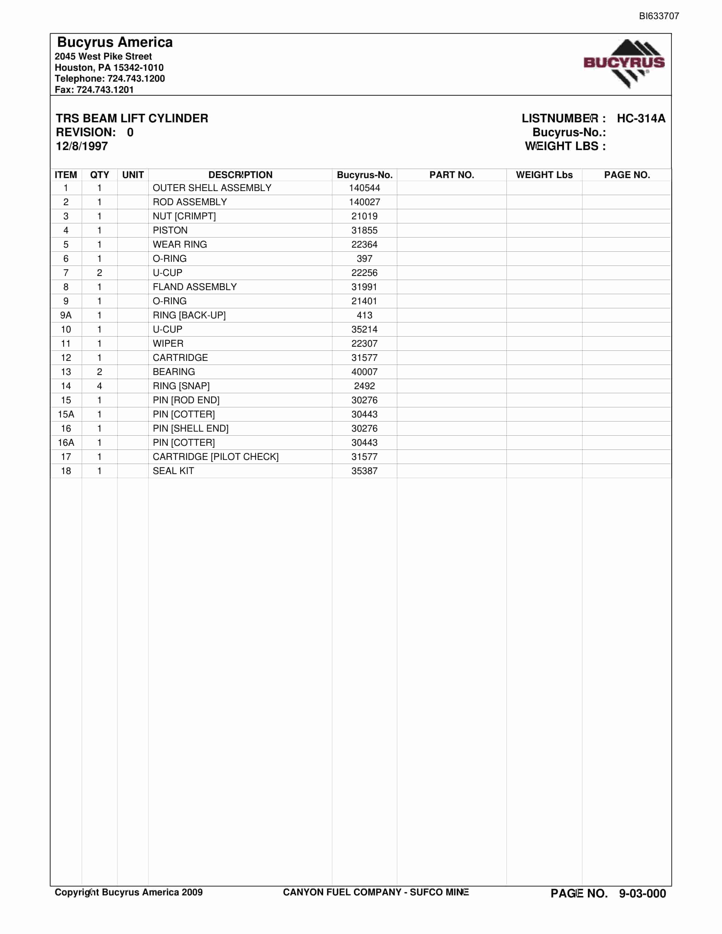 Bucyrus Sufco Mine Parts Catalog BI633707-3