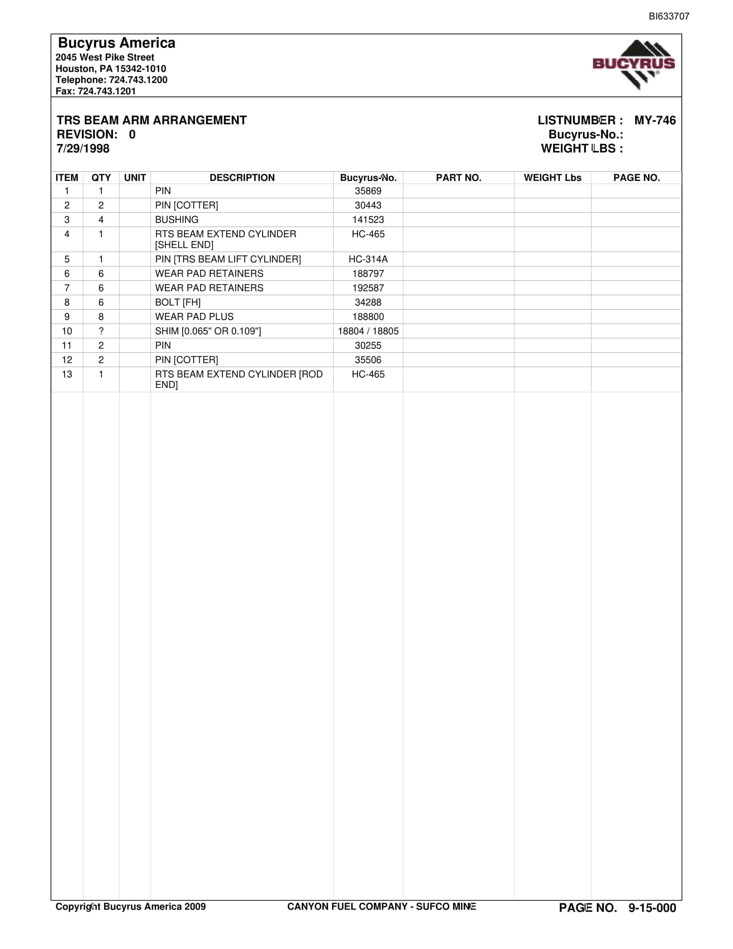 Bucyrus Sufco Mine Parts Catalog BI633707-4