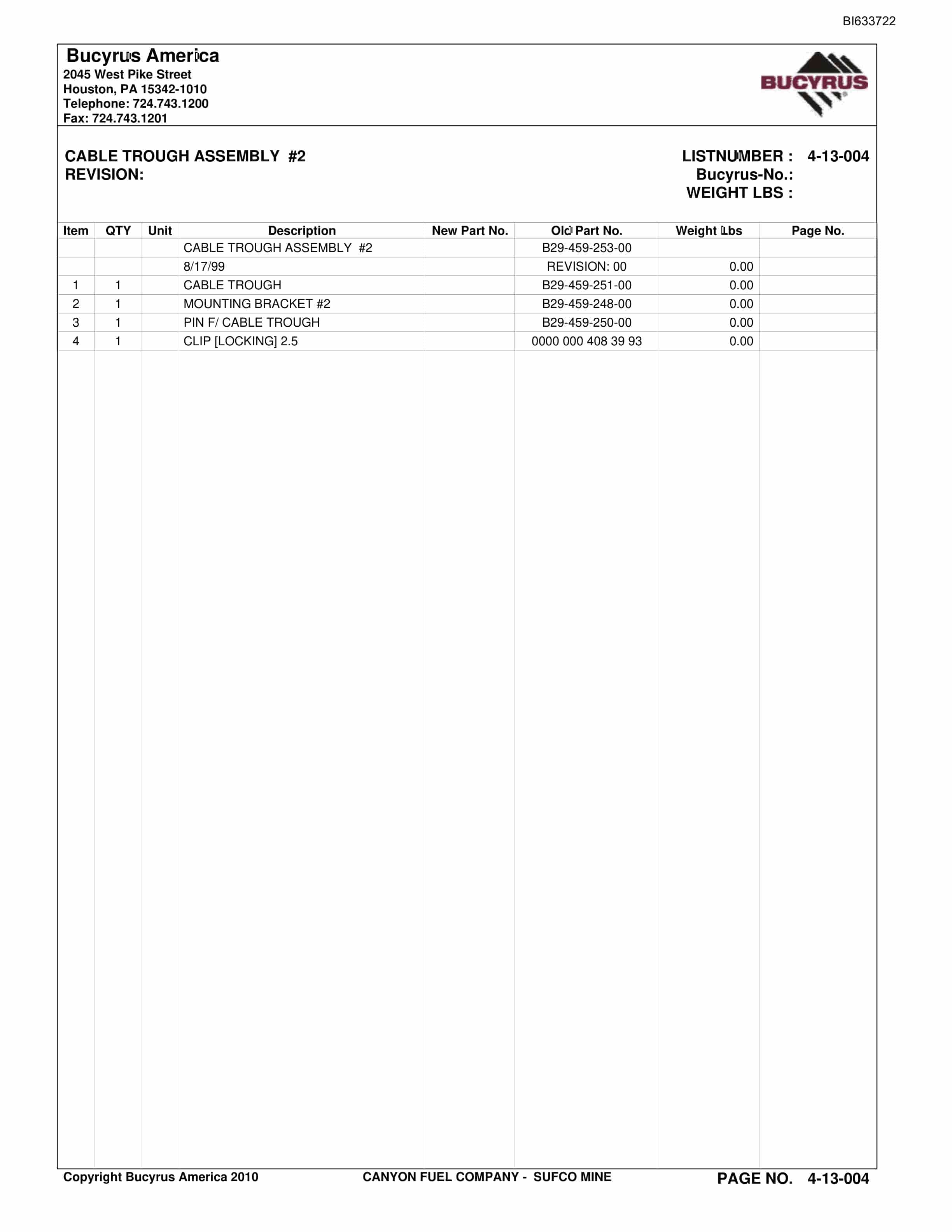 Bucyrus Sufco Mine Parts Catalog BI633722-2
