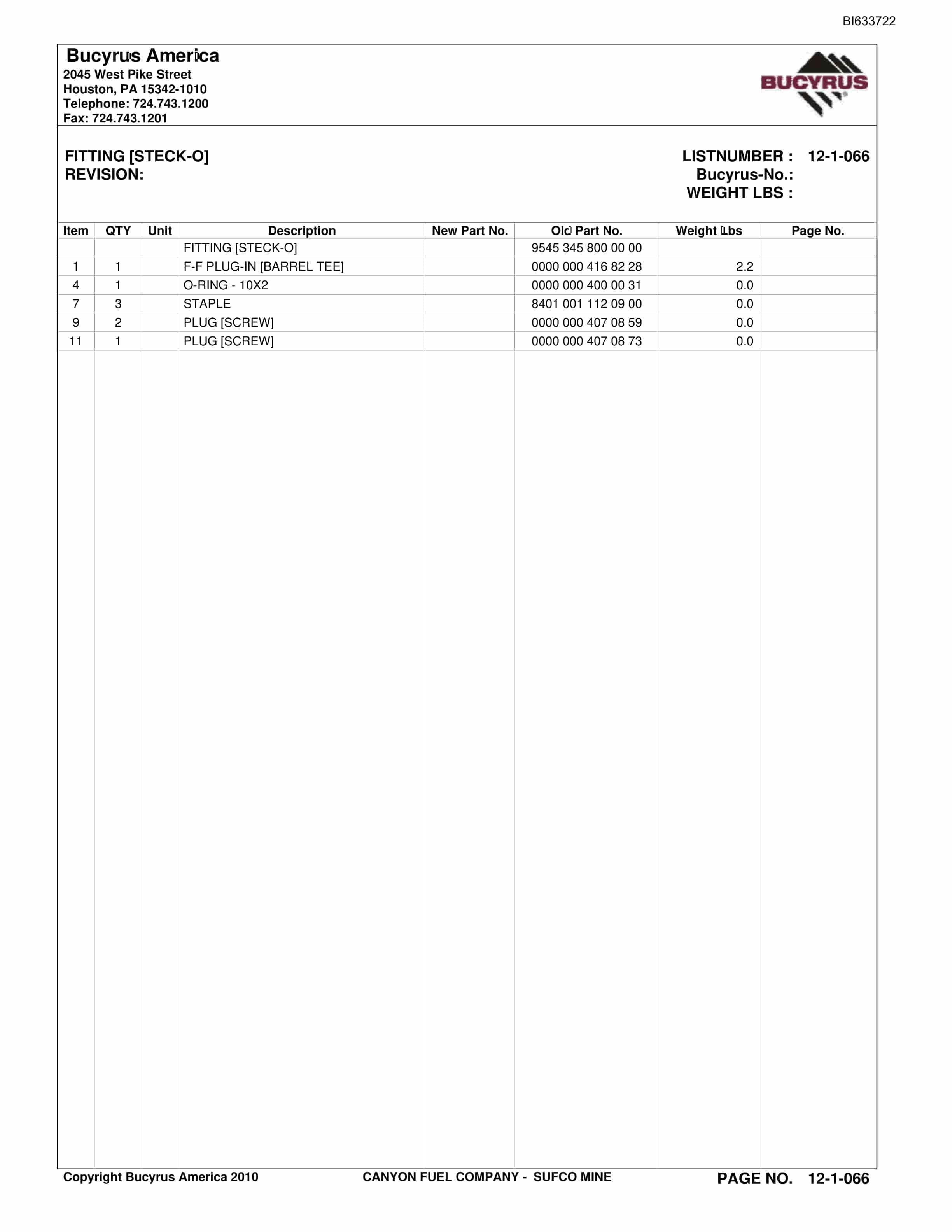 Bucyrus Sufco Mine Parts Catalog BI633722-5