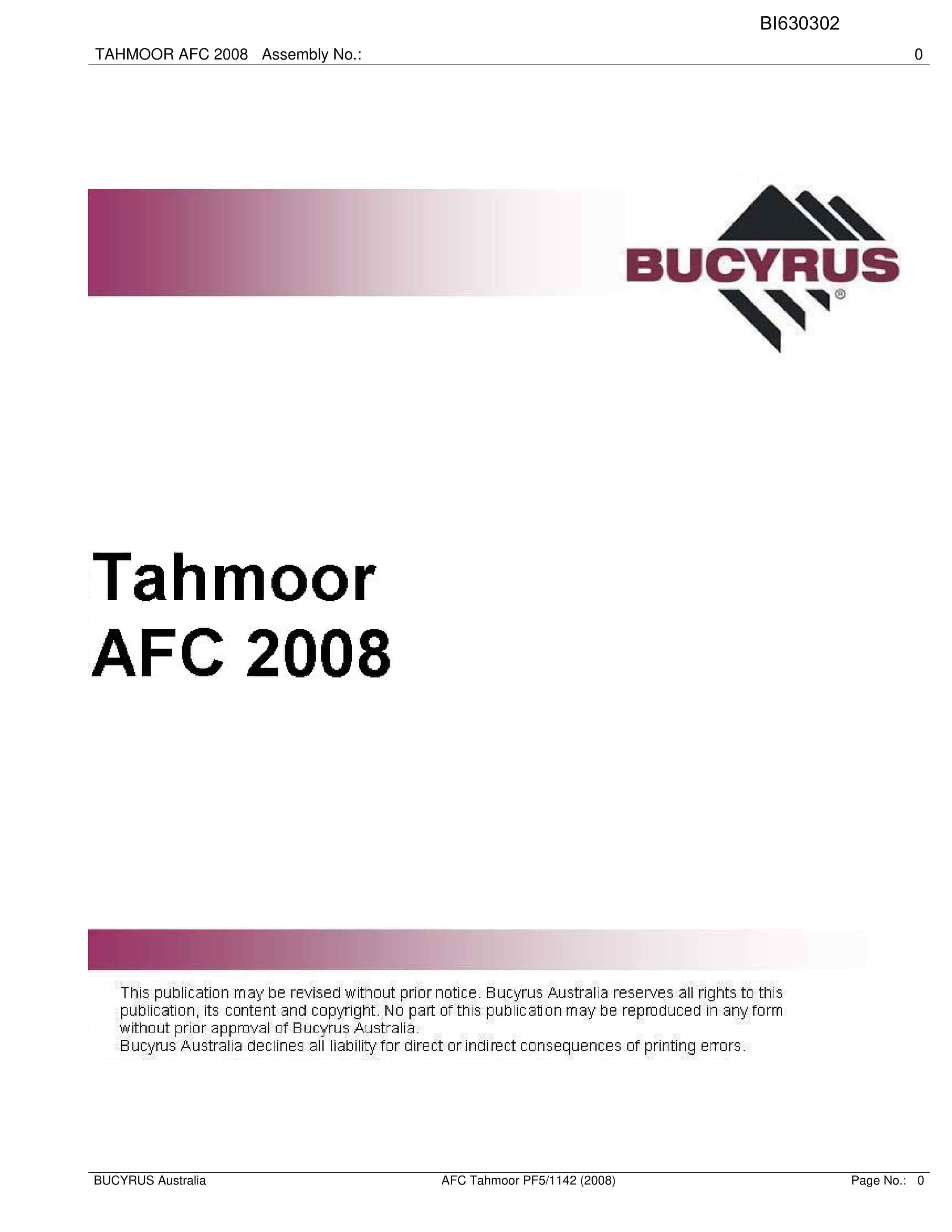 Bucyrus Tahmoor AFC 2008 Parts Catalog BI630302