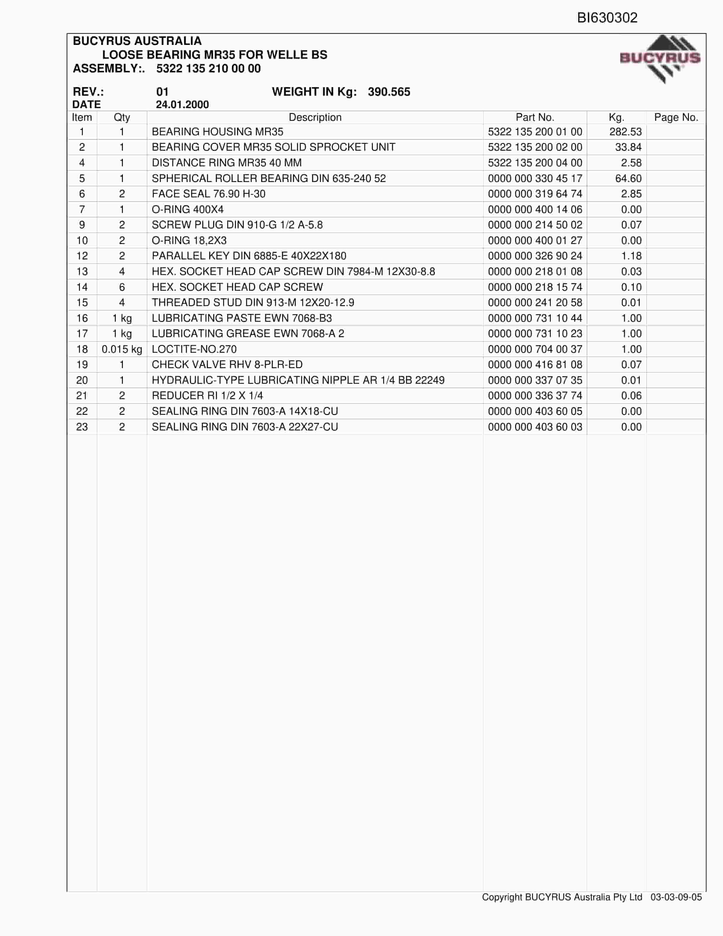Bucyrus Tahmoor AFC 2008 Parts Catalog BI630302-3