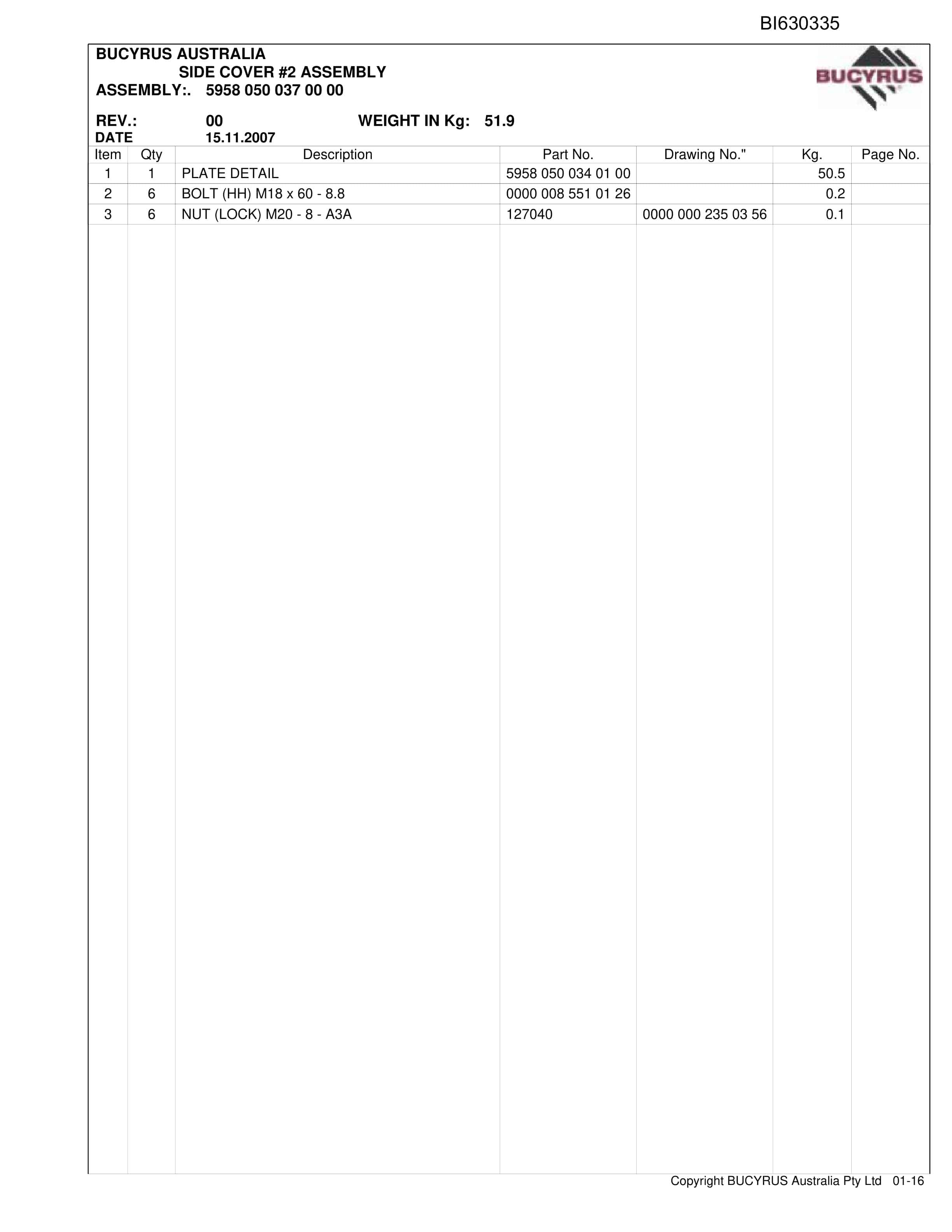 Bucyrus Tahmoor Bootend 2011 Parts Catalog BI630335-2
