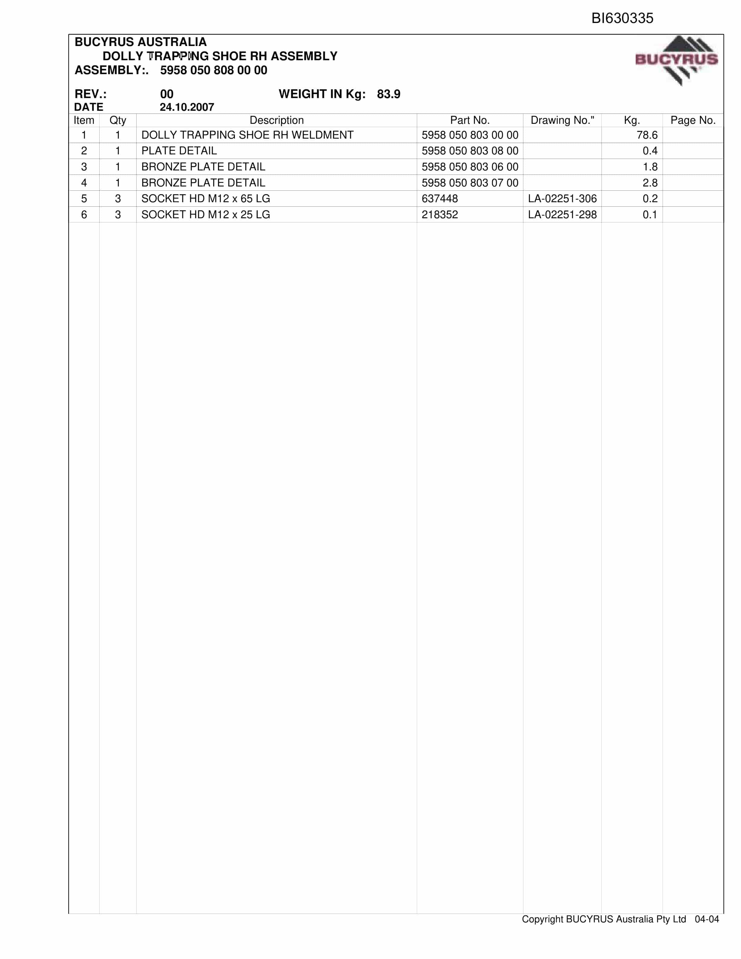 Bucyrus Tahmoor Bootend 2011 Parts Catalog BI630335-4