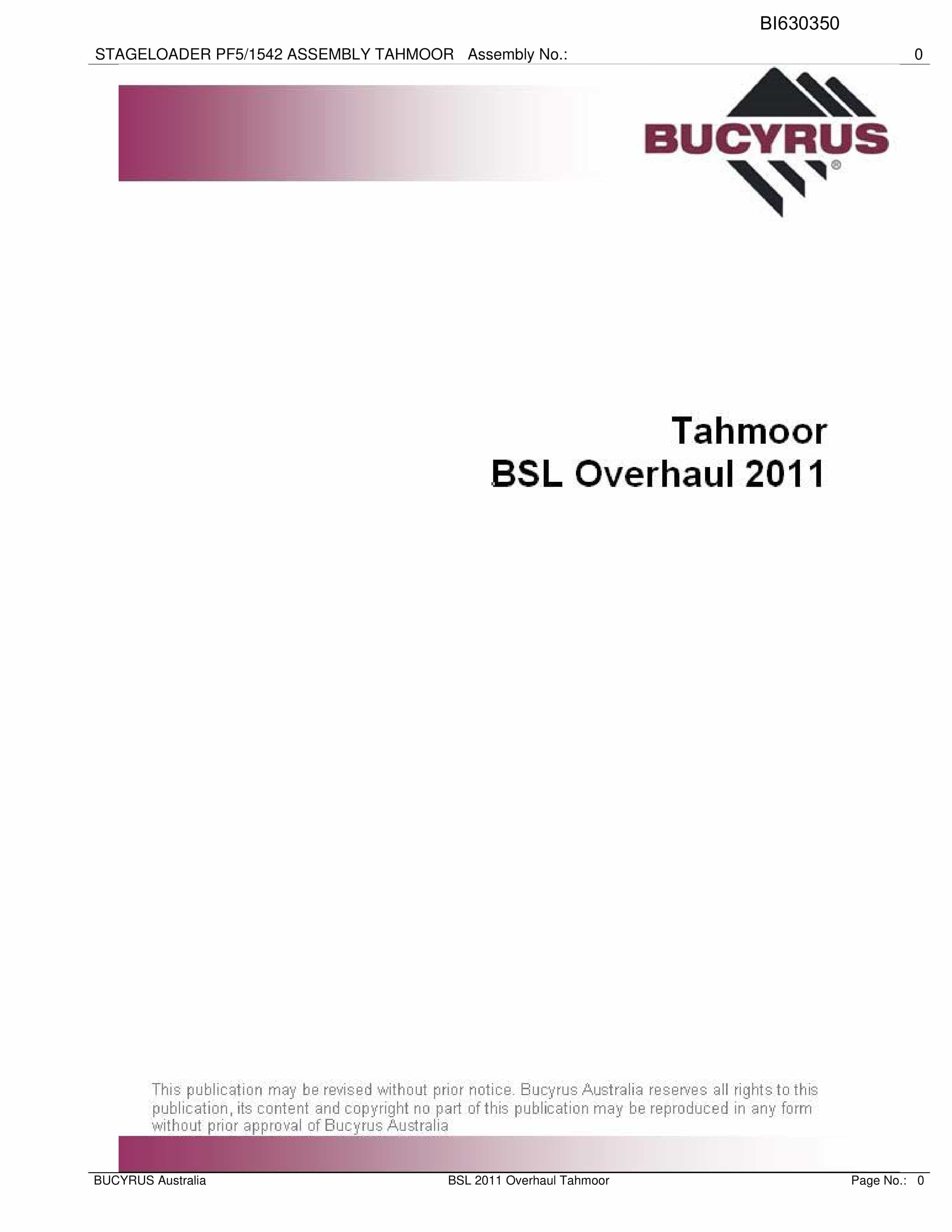 Bucyrus Tahmoor BSL Overhaul 2011 Parts Catalog BI630350