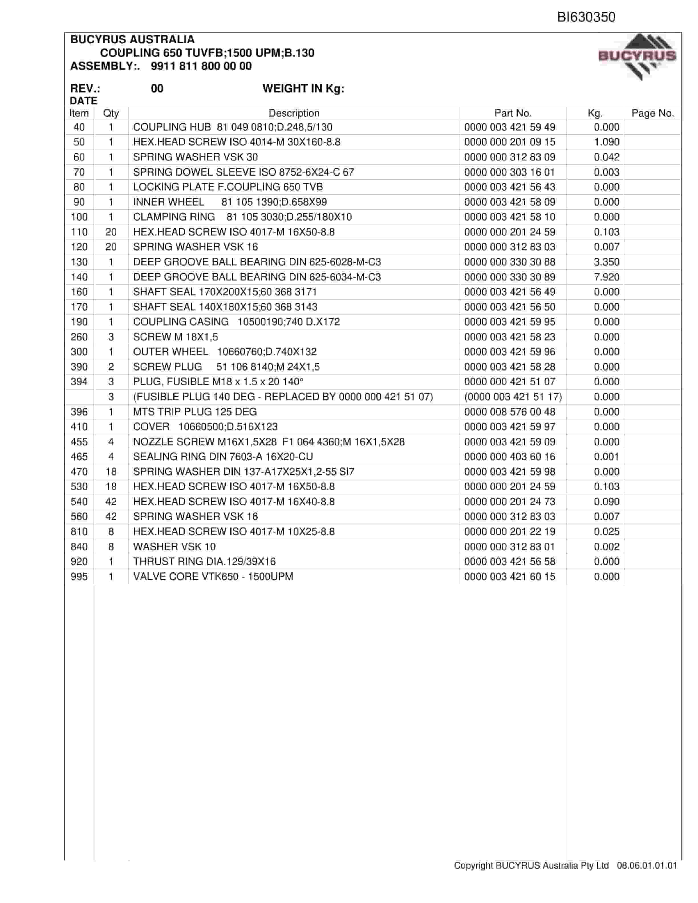Bucyrus Tahmoor BSL Overhaul 2011 Parts Catalog BI630350-5