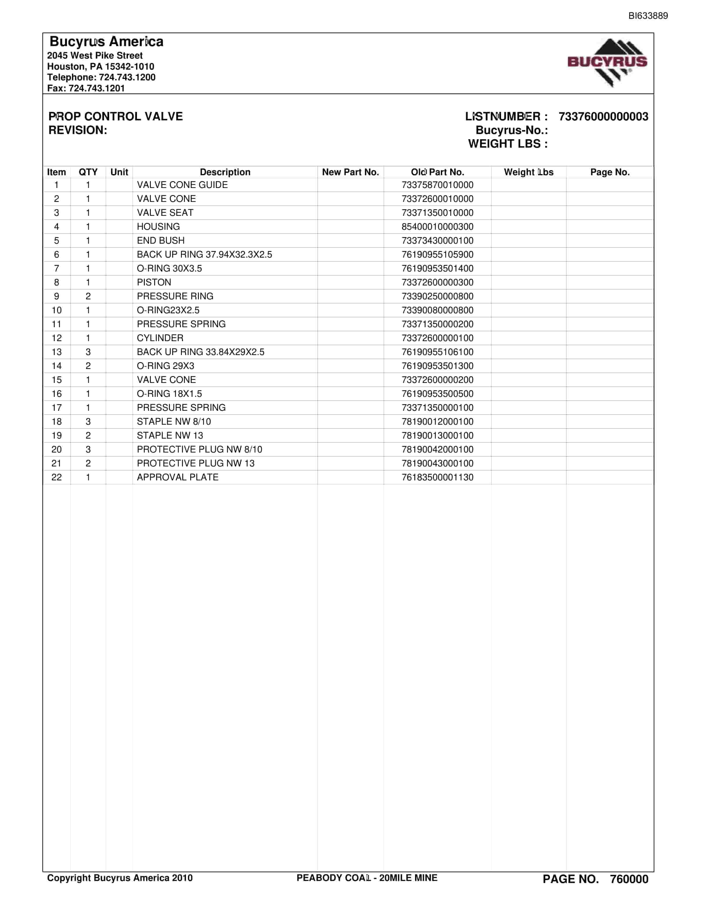 Bucyrus Twentymile Mine Parts Catalog BI633889-3