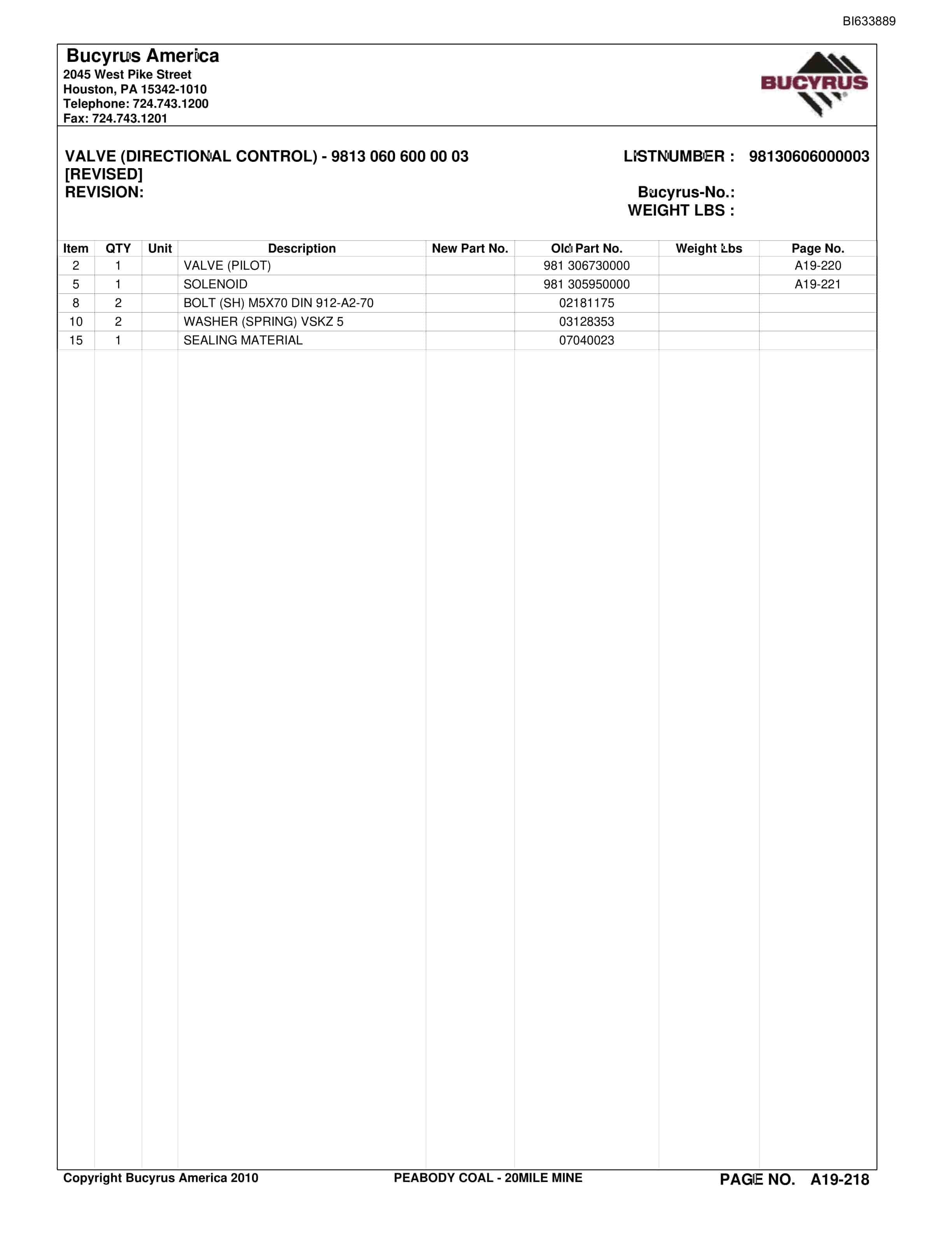 Bucyrus Twentymile Mine Parts Catalog BI633889-4