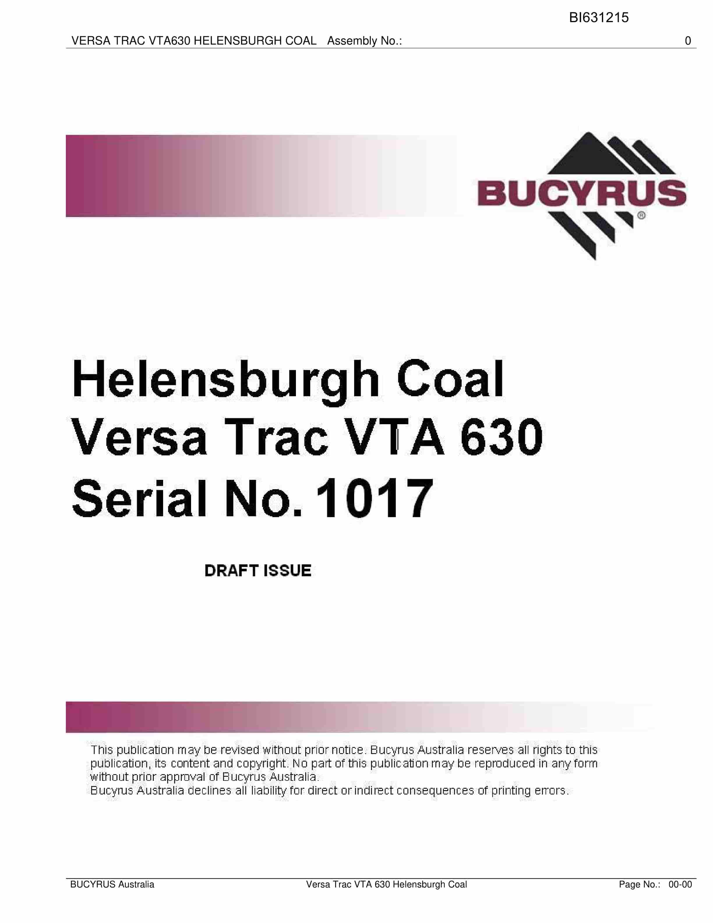 Bucyrus Versa Trac VTA 630 Helensburgh Coal Parts Catalog BI631215