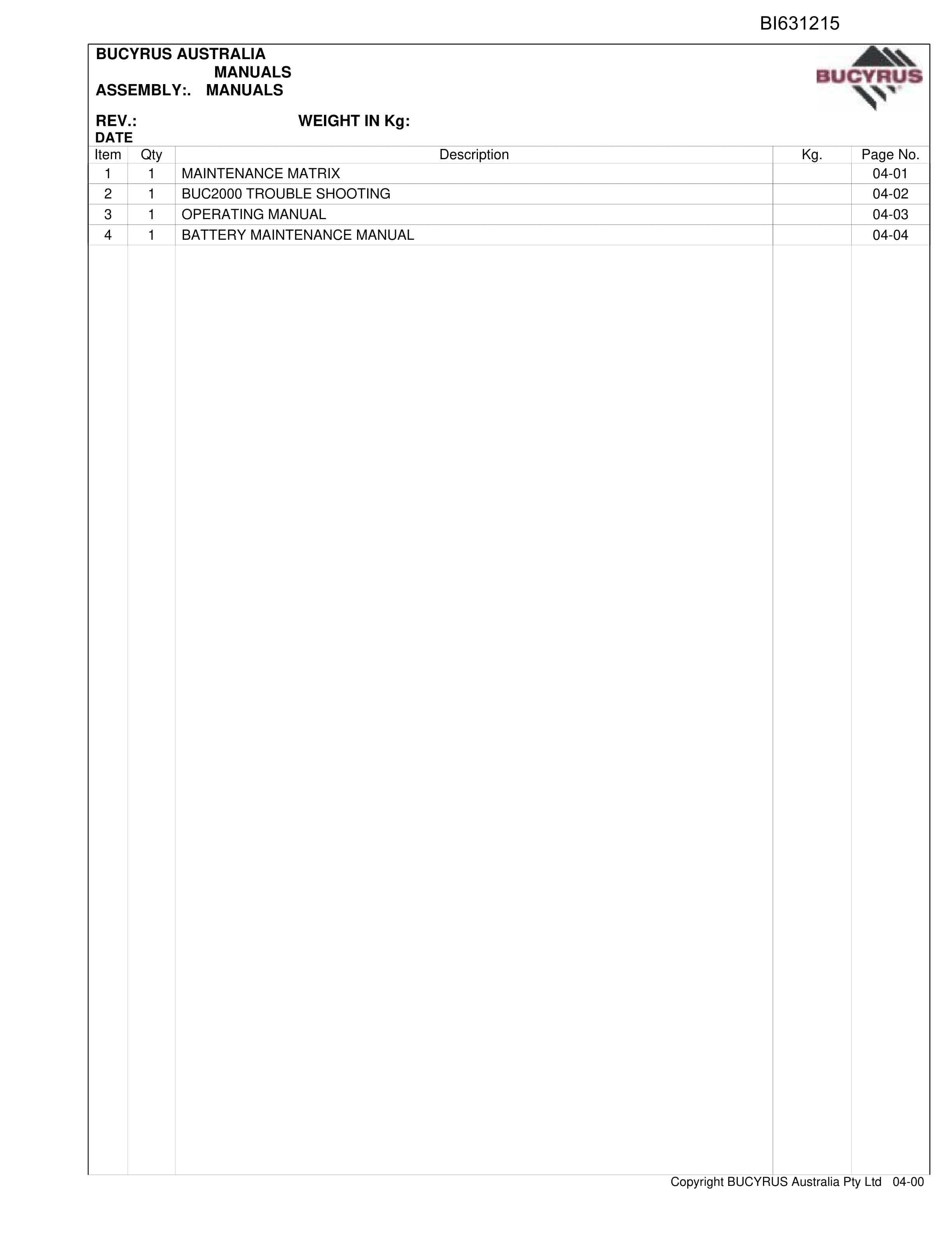 Bucyrus Versa Trac VTA 630 Helensburgh Coal Parts Catalog BI631215-2