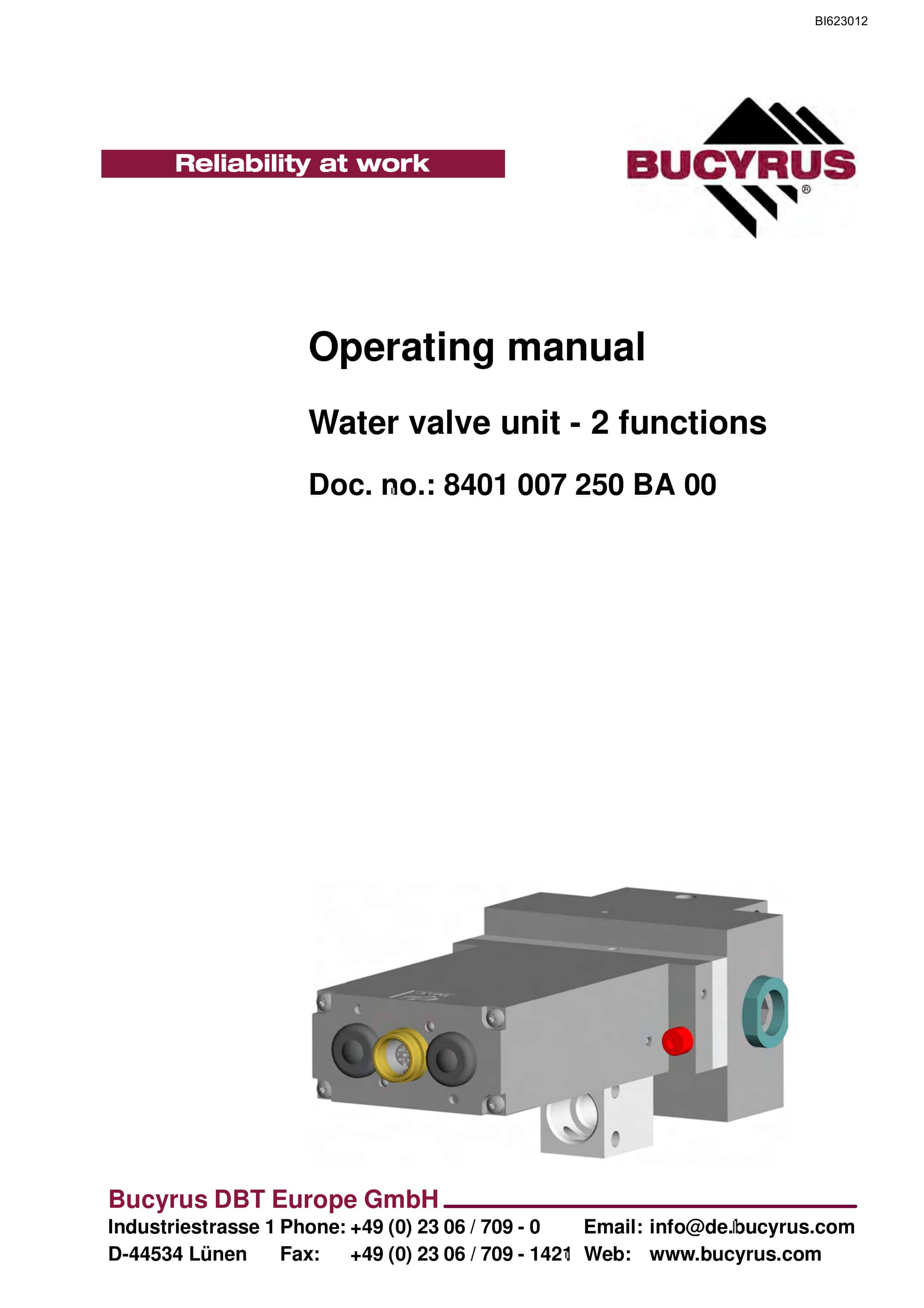 Bucyrus Water Valve Unit, 2 Functions Operating Manual BI623012