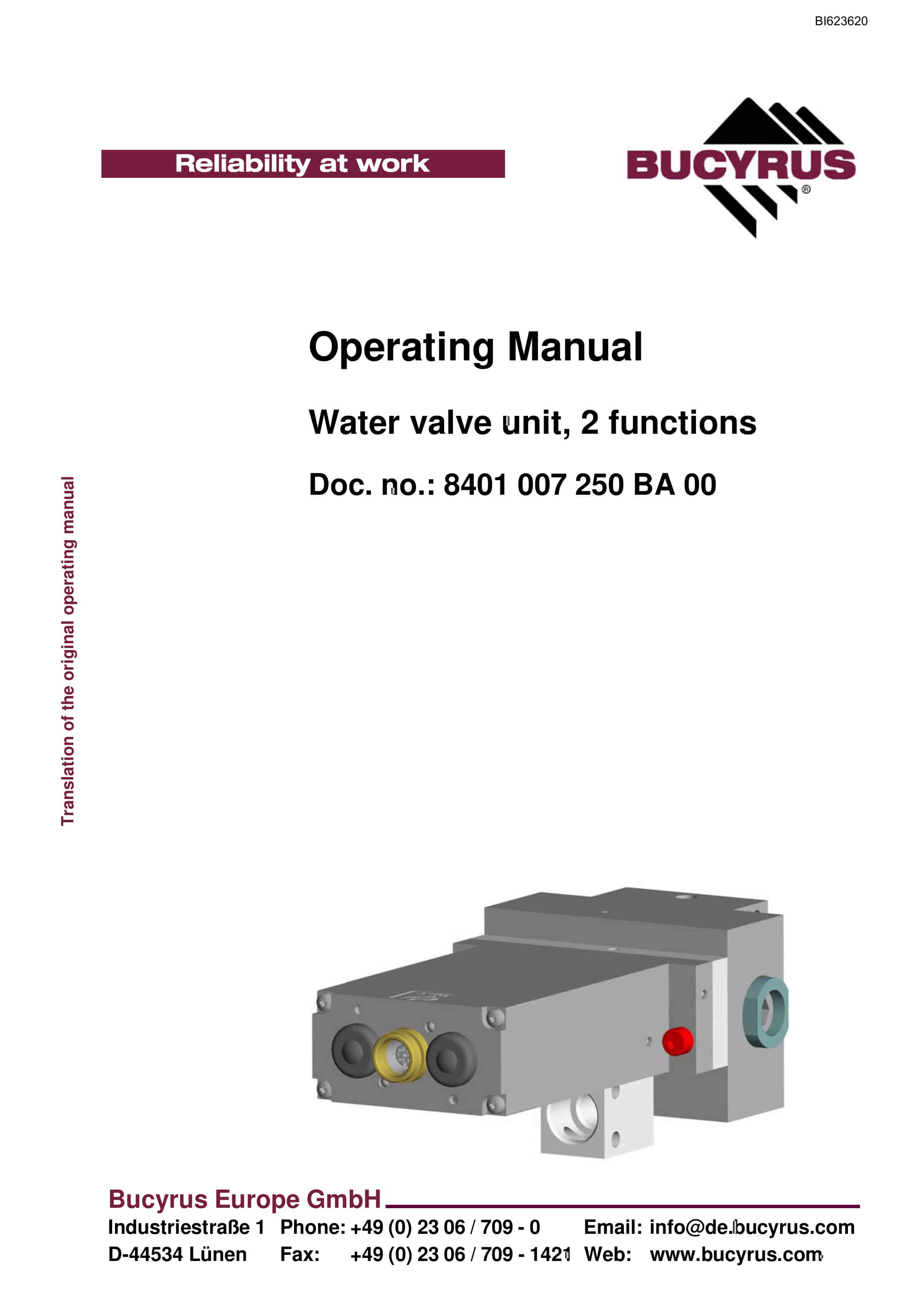 Bucyrus Water Valve Unit, 2 Functions Operating Manual BI623620