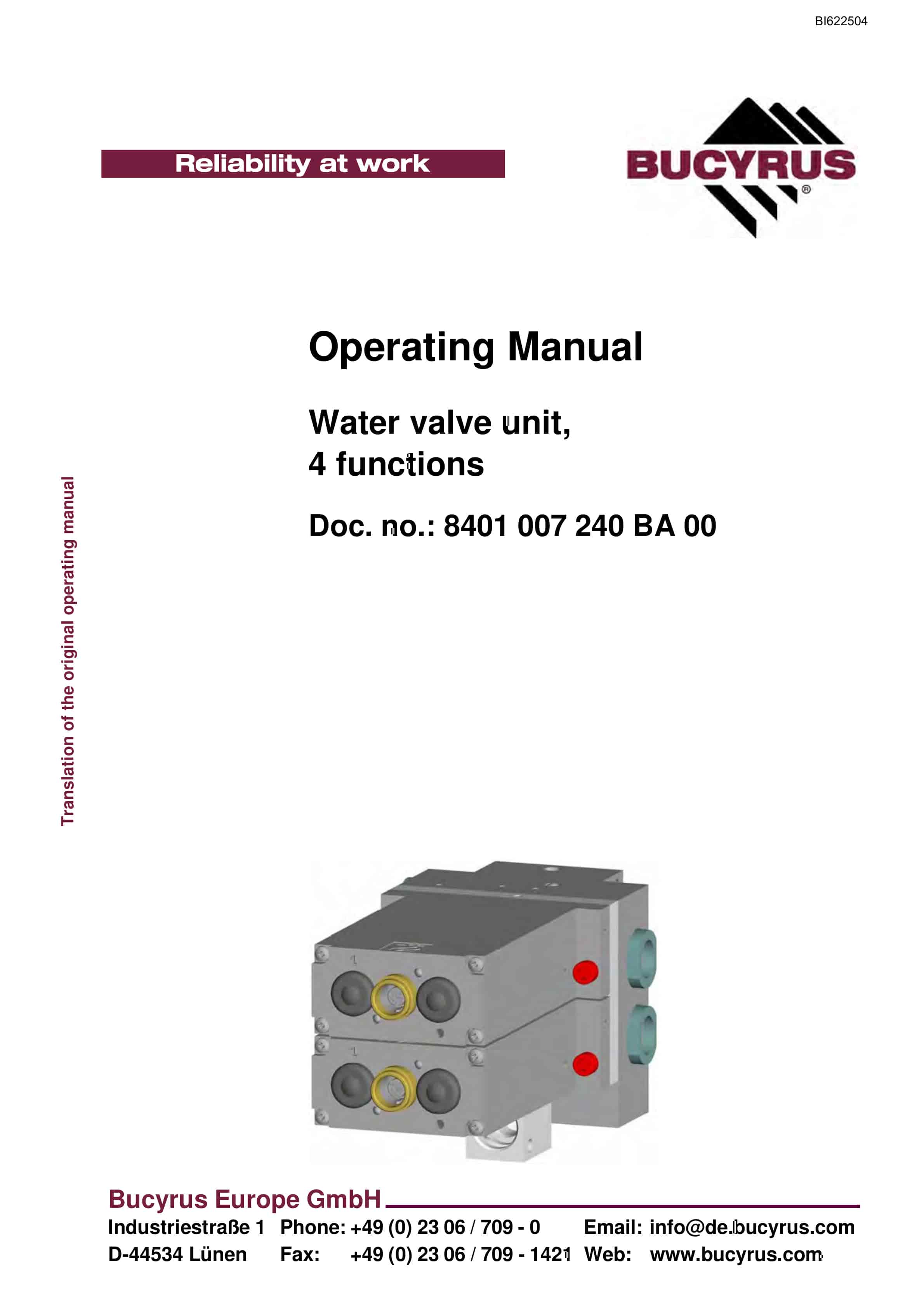 Bucyrus Water Valve Unit, 4 Functions Operating Manual BI622504