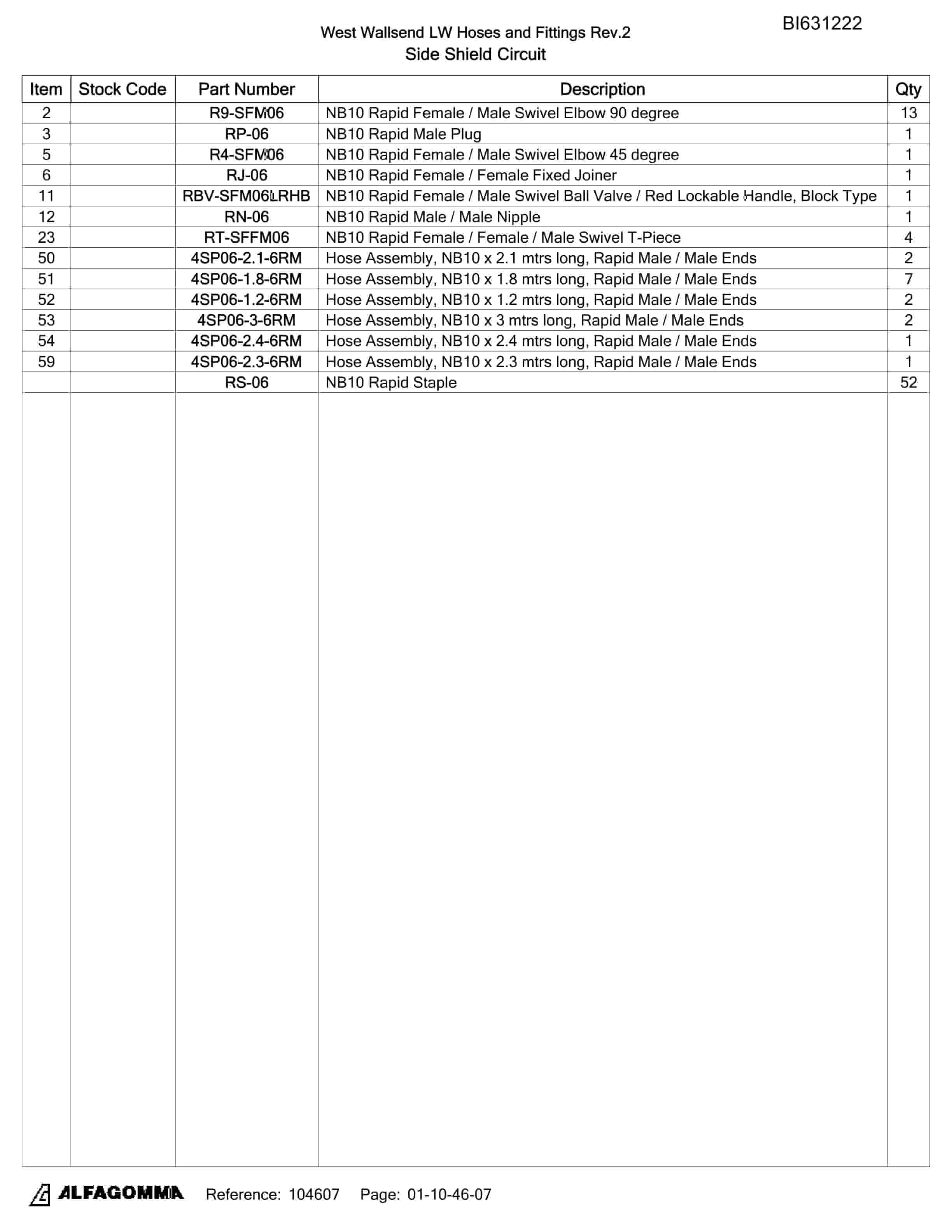 Bucyrus West Wallsend LW Hoses And Fittings Parts Catalog BI631222-4