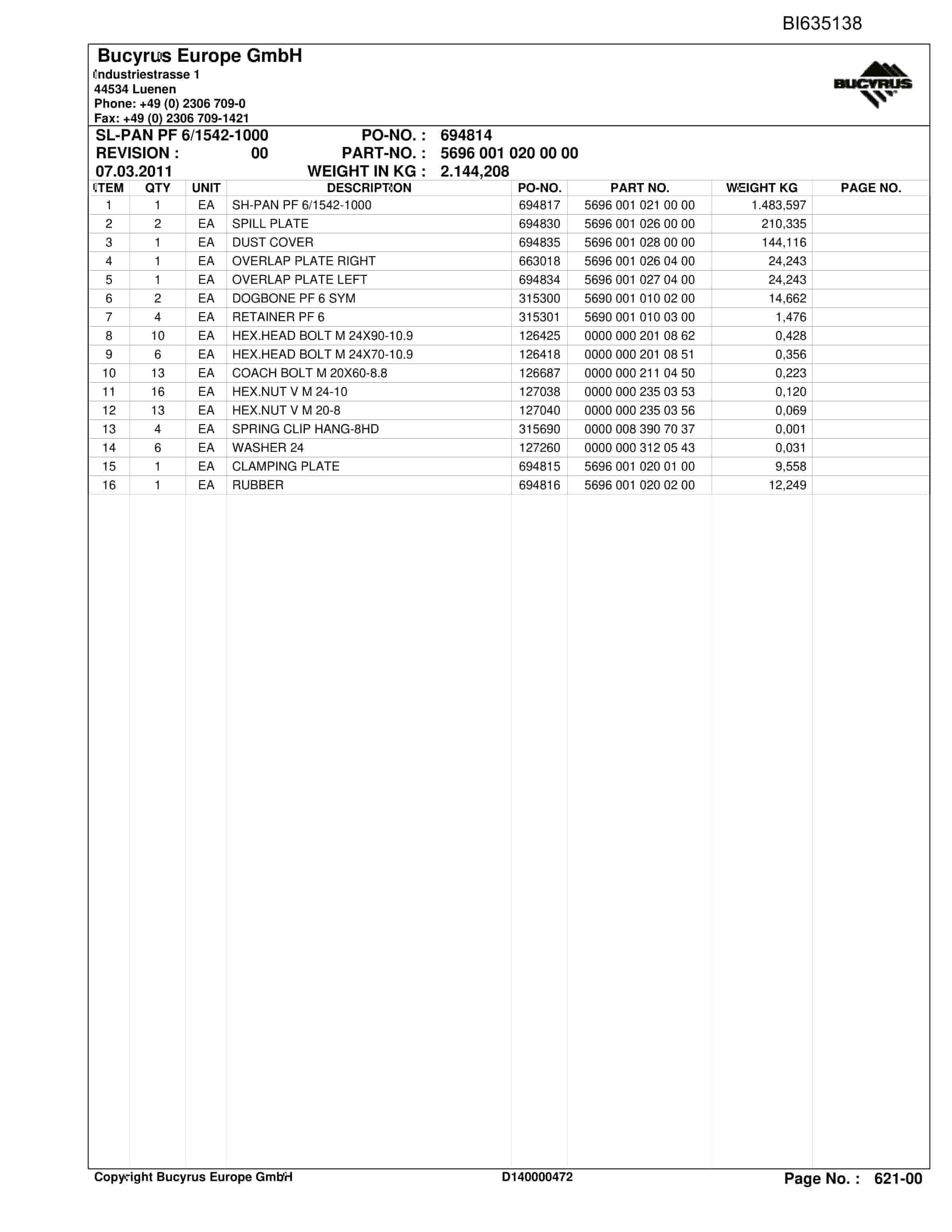 Bucyrus XIEGOU II, BSL PF 6-1542 Parts Catalog BI635138-2