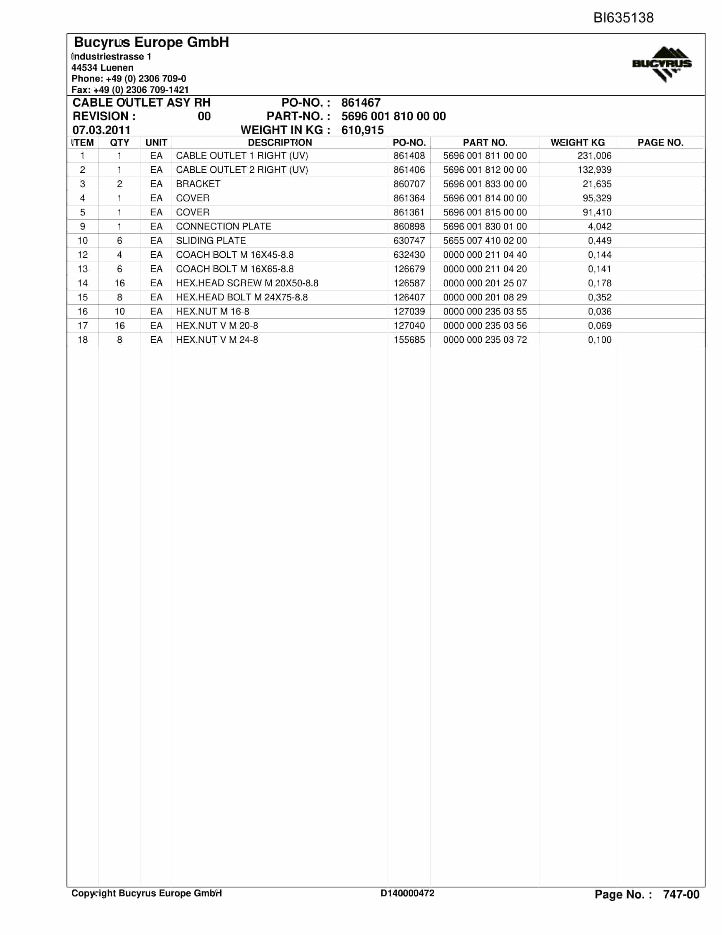 Bucyrus XIEGOU II, BSL PF 6-1542 Parts Catalog BI635138-5