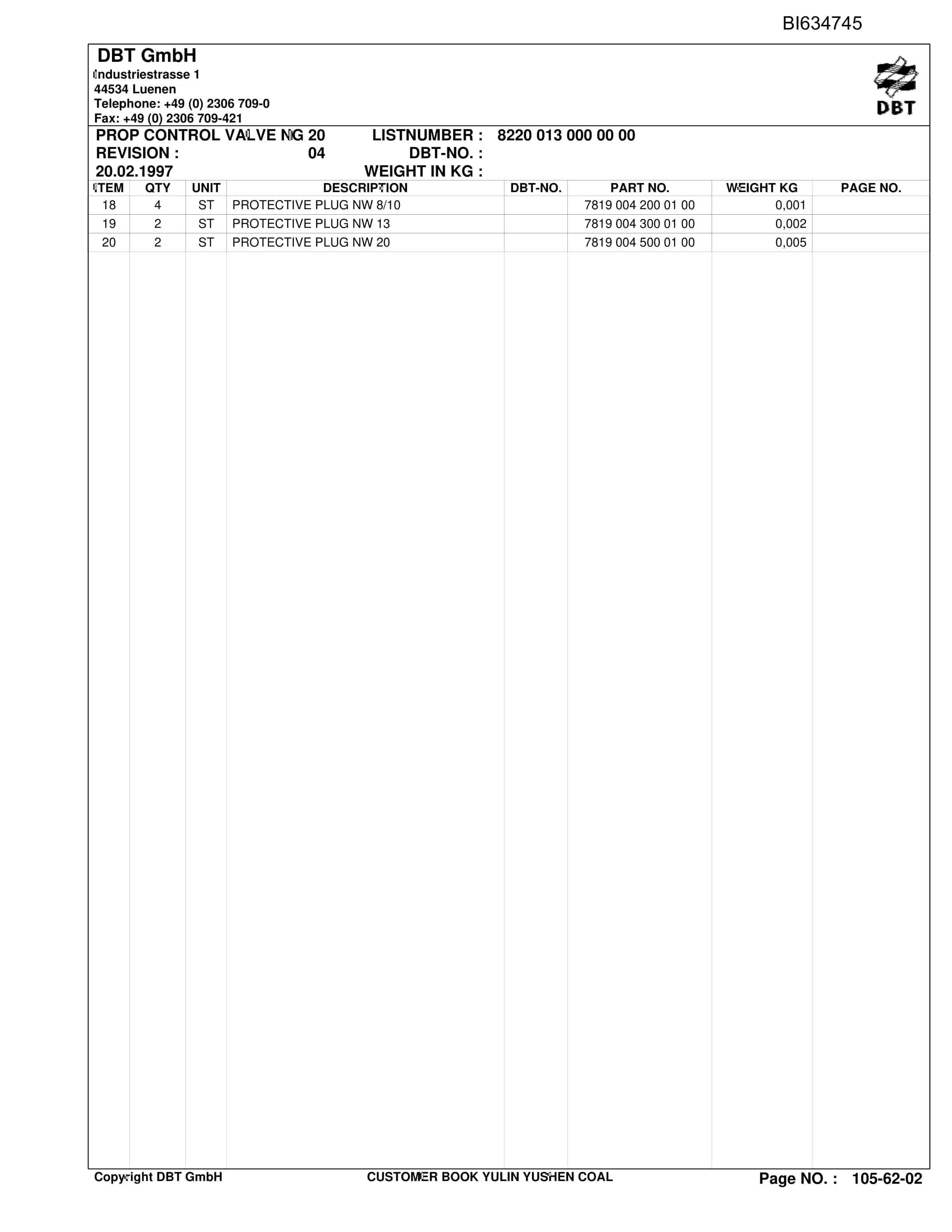 Bucyrus YULIN YUSHEN Coal DBT-Shield And Accessories Parts Catalog BI634745-3