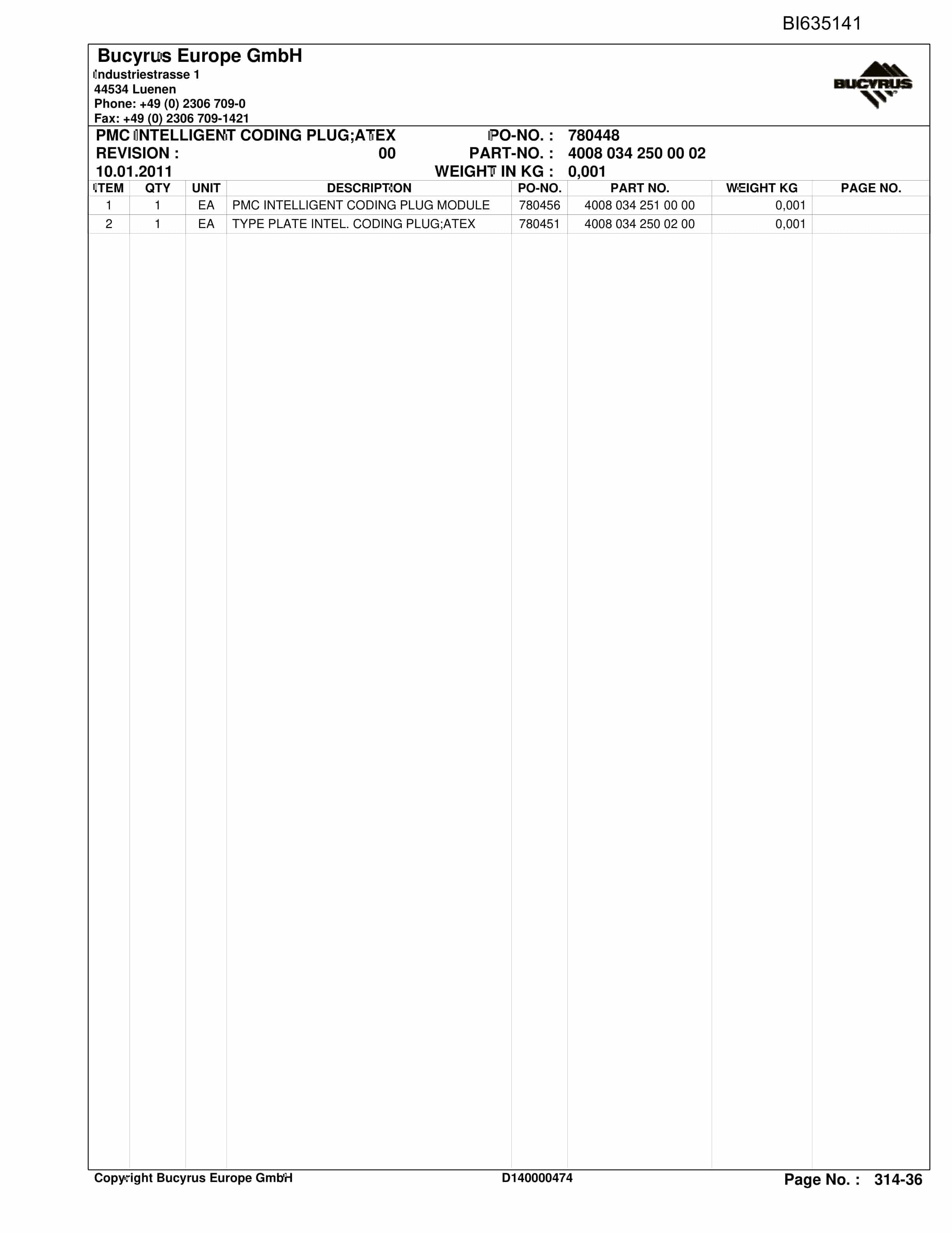 Bucyrus YUSHUWAN II, SH-AFC PF 6-1142 Parts Catalog BI635141-4