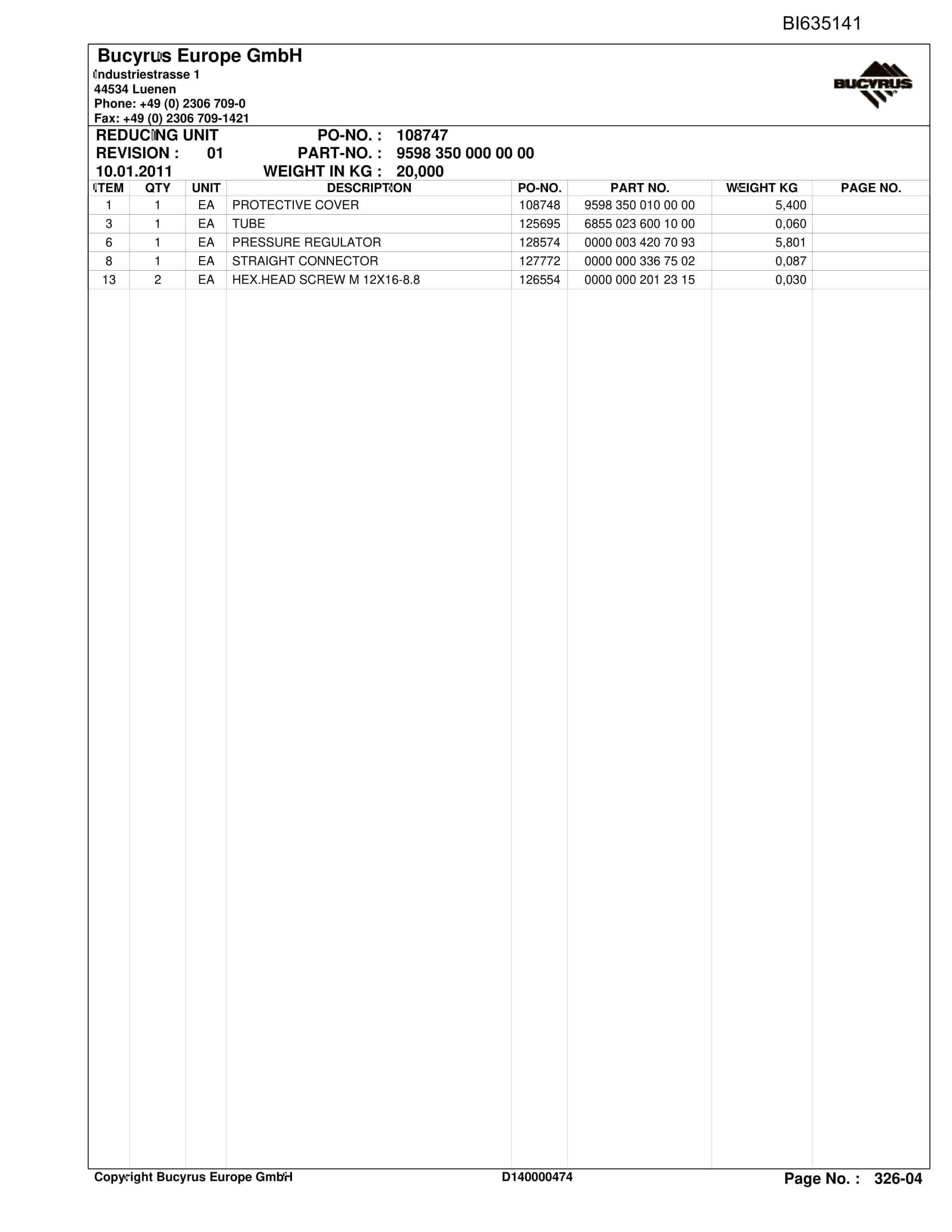 Bucyrus YUSHUWAN II, SH-AFC PF 6-1142 Parts Catalog BI635141-5