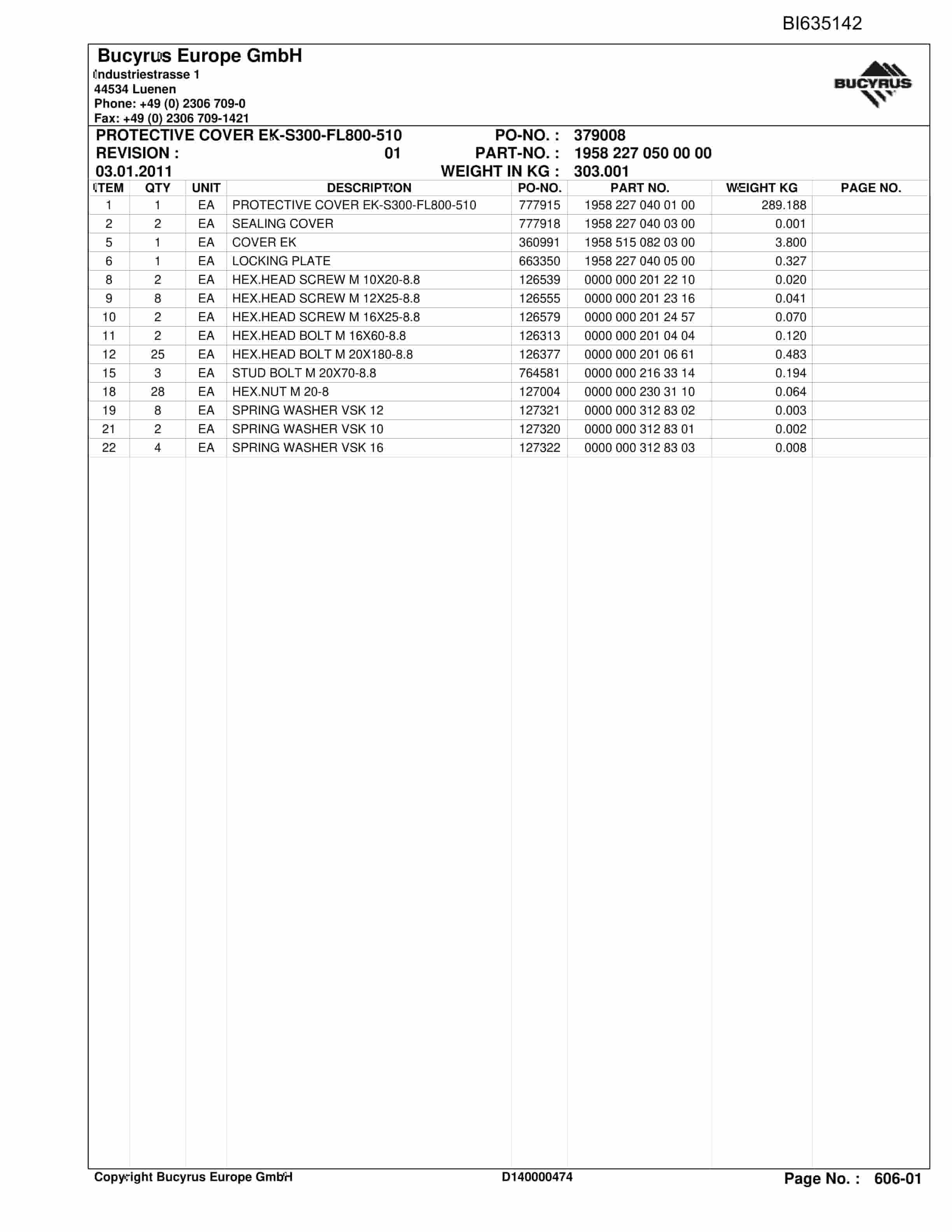 Bucyrus YUSHUWAN, StageLoader Parts Catalog BI635142-2
