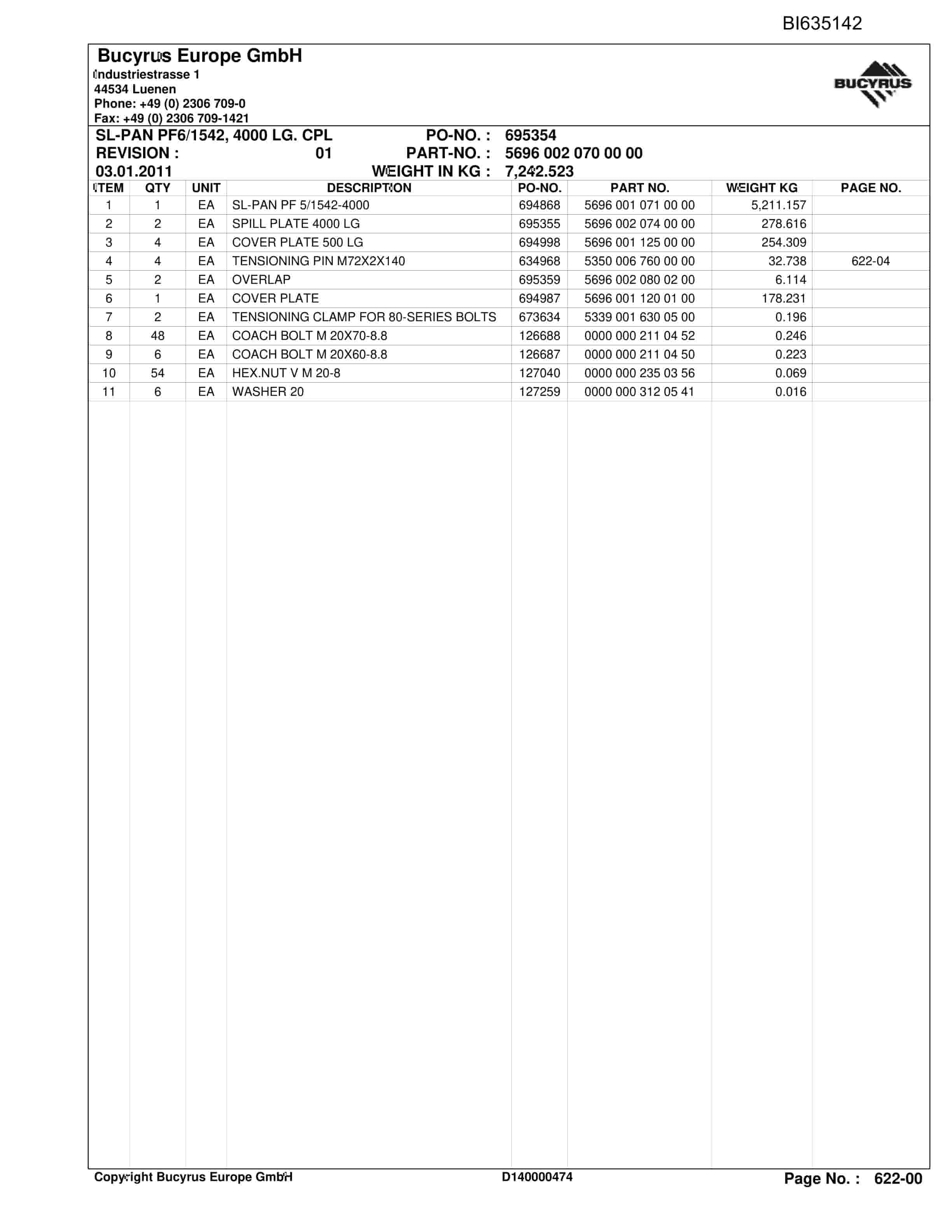Bucyrus YUSHUWAN, StageLoader Parts Catalog BI635142-3