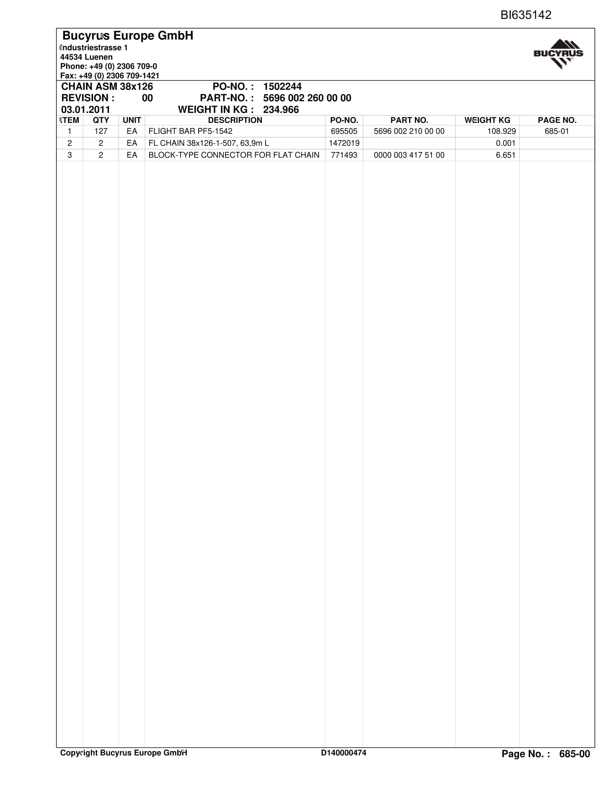 Bucyrus YUSHUWAN, StageLoader Parts Catalog BI635142-5