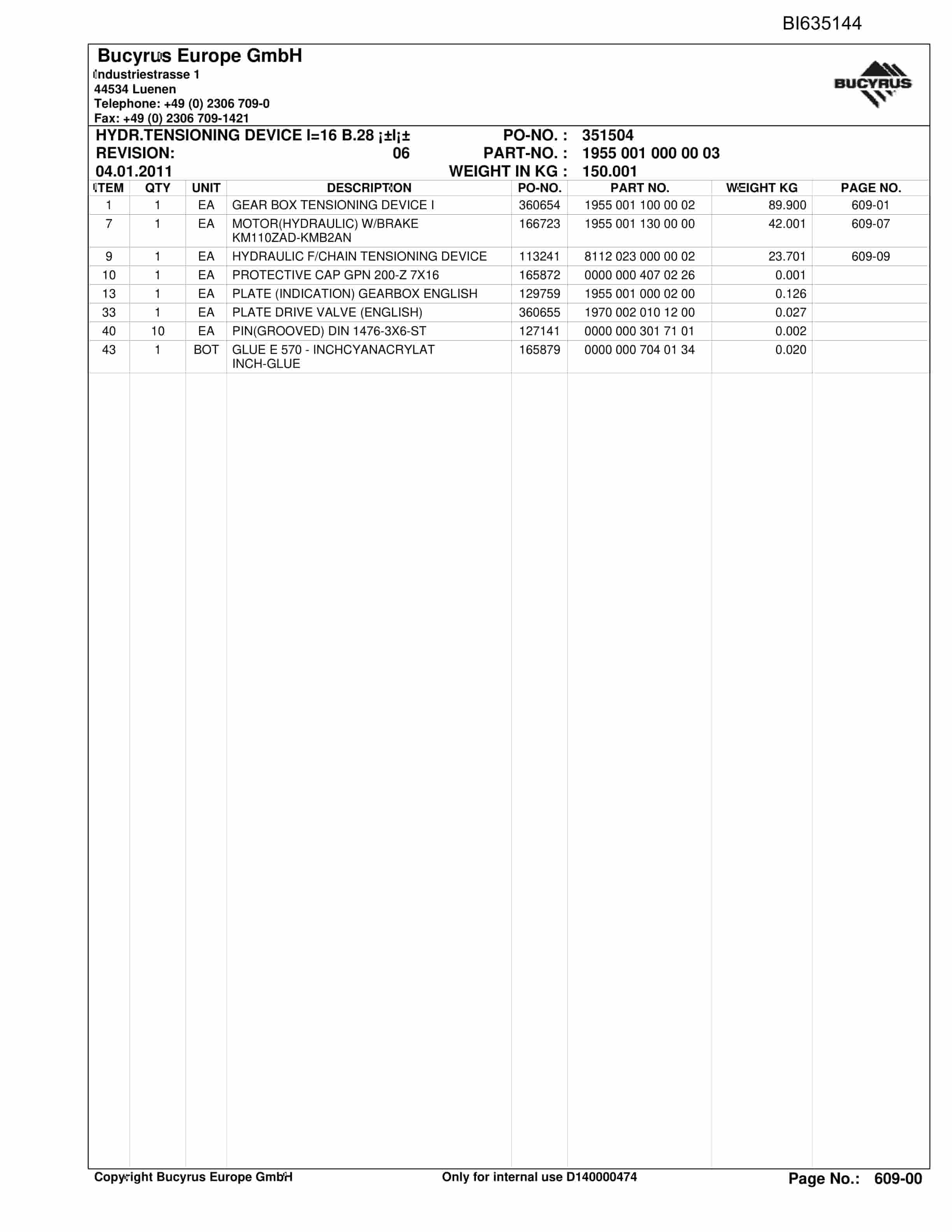Bucyrus YUSHUWAN, StageLoader Parts Catalog BI635144-2