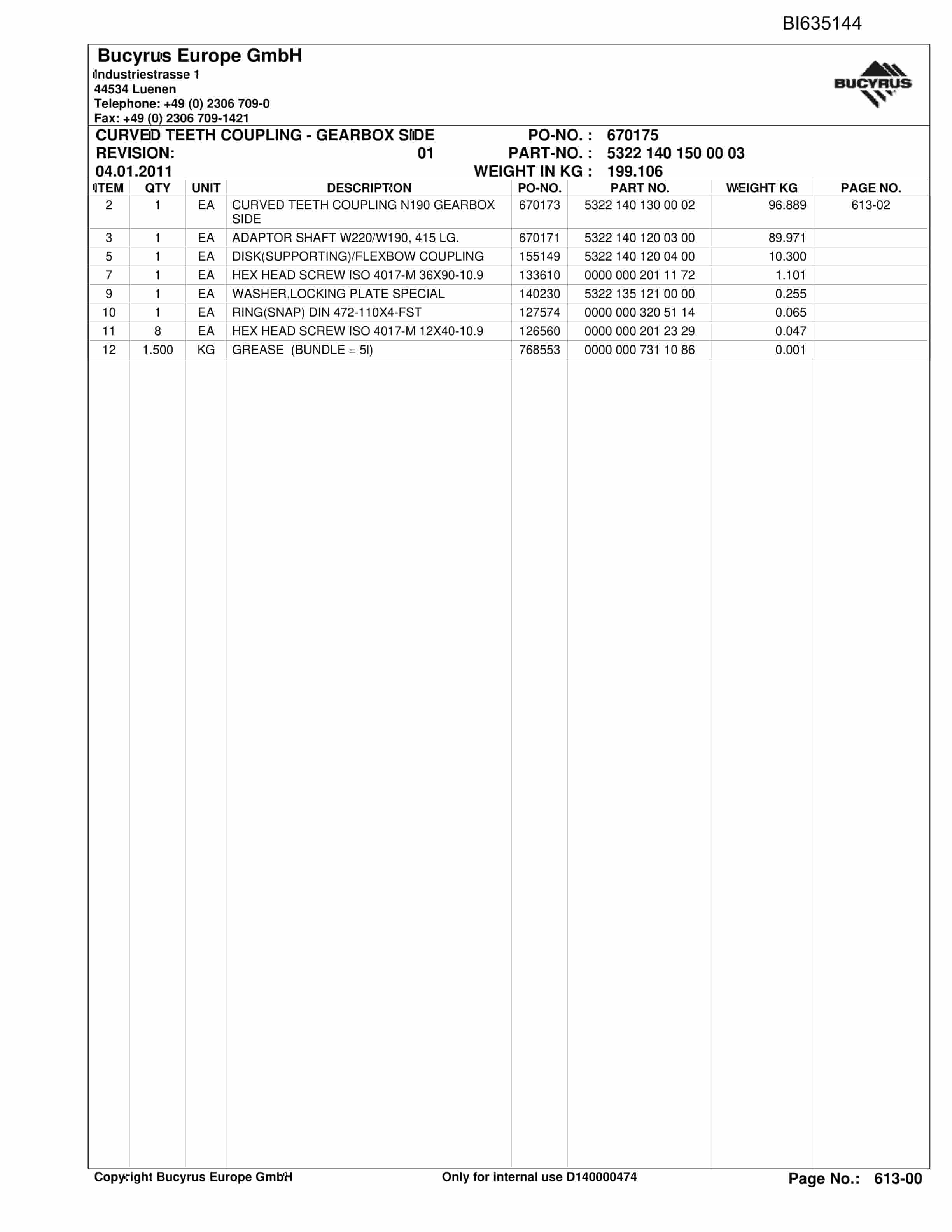 Bucyrus YUSHUWAN, StageLoader Parts Catalog BI635144-3