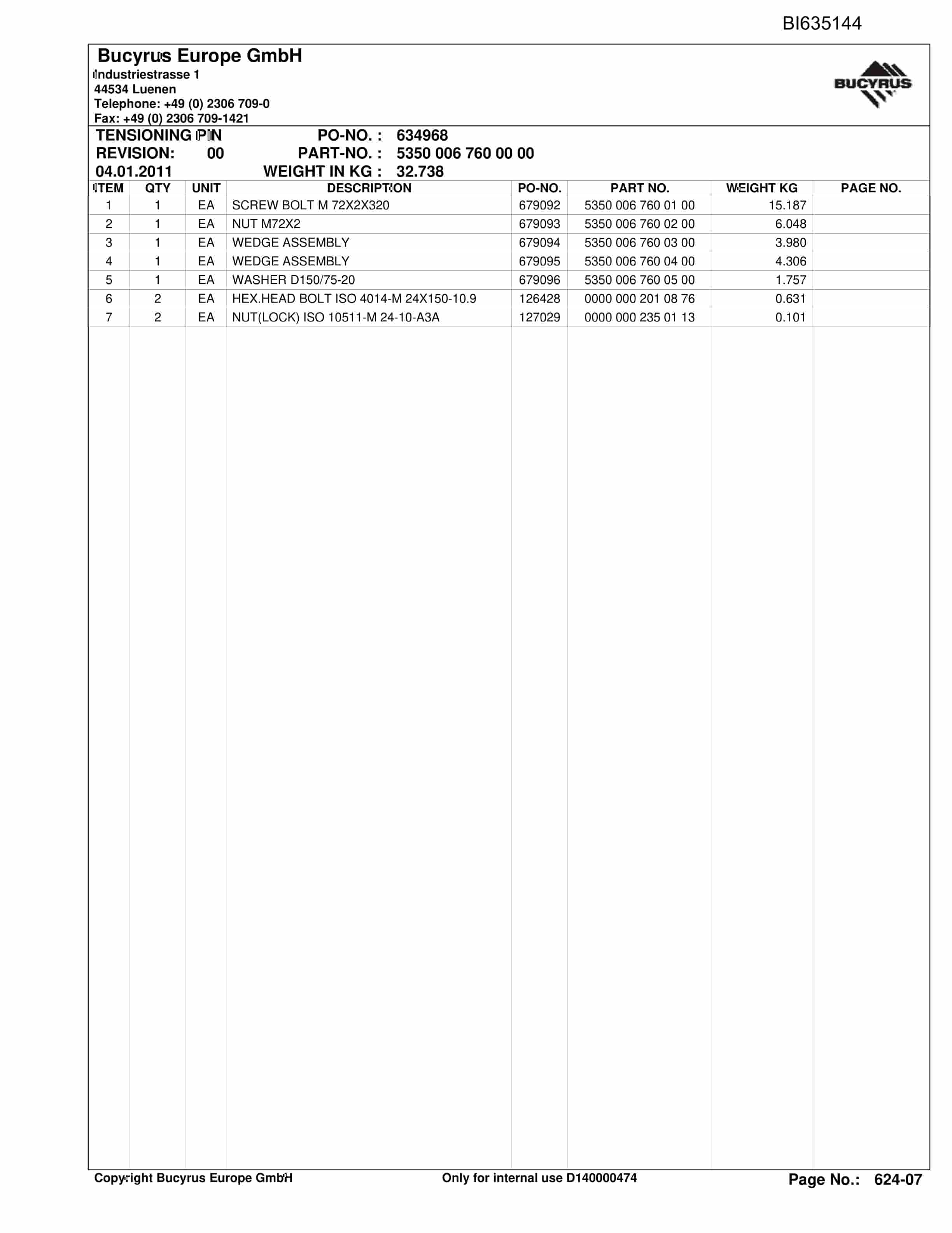 Bucyrus YUSHUWAN, StageLoader Parts Catalog BI635144-4