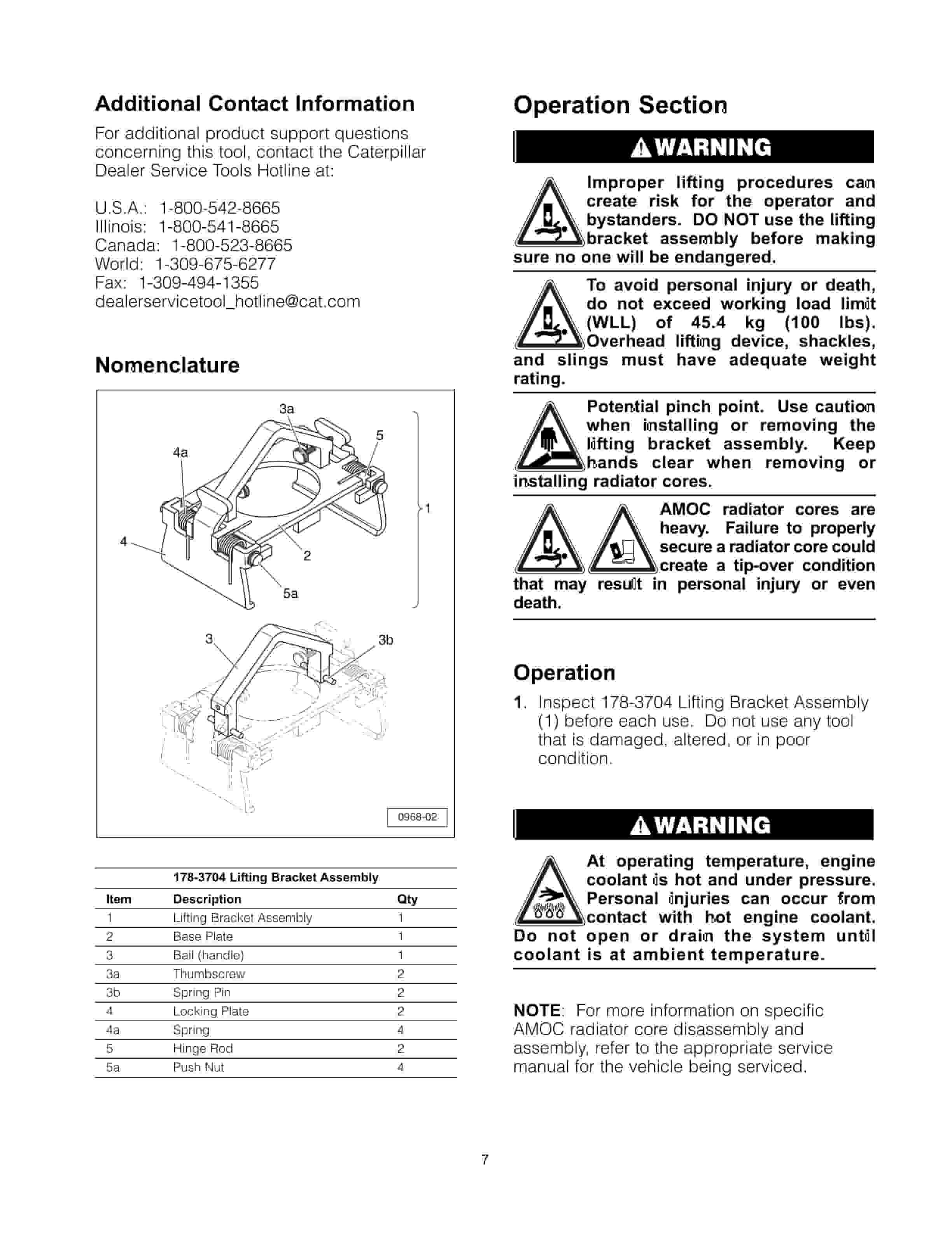 Caterpillar 178-3704 Lifting Bracket Assembly Tool Operating Manual NEHS0968-2