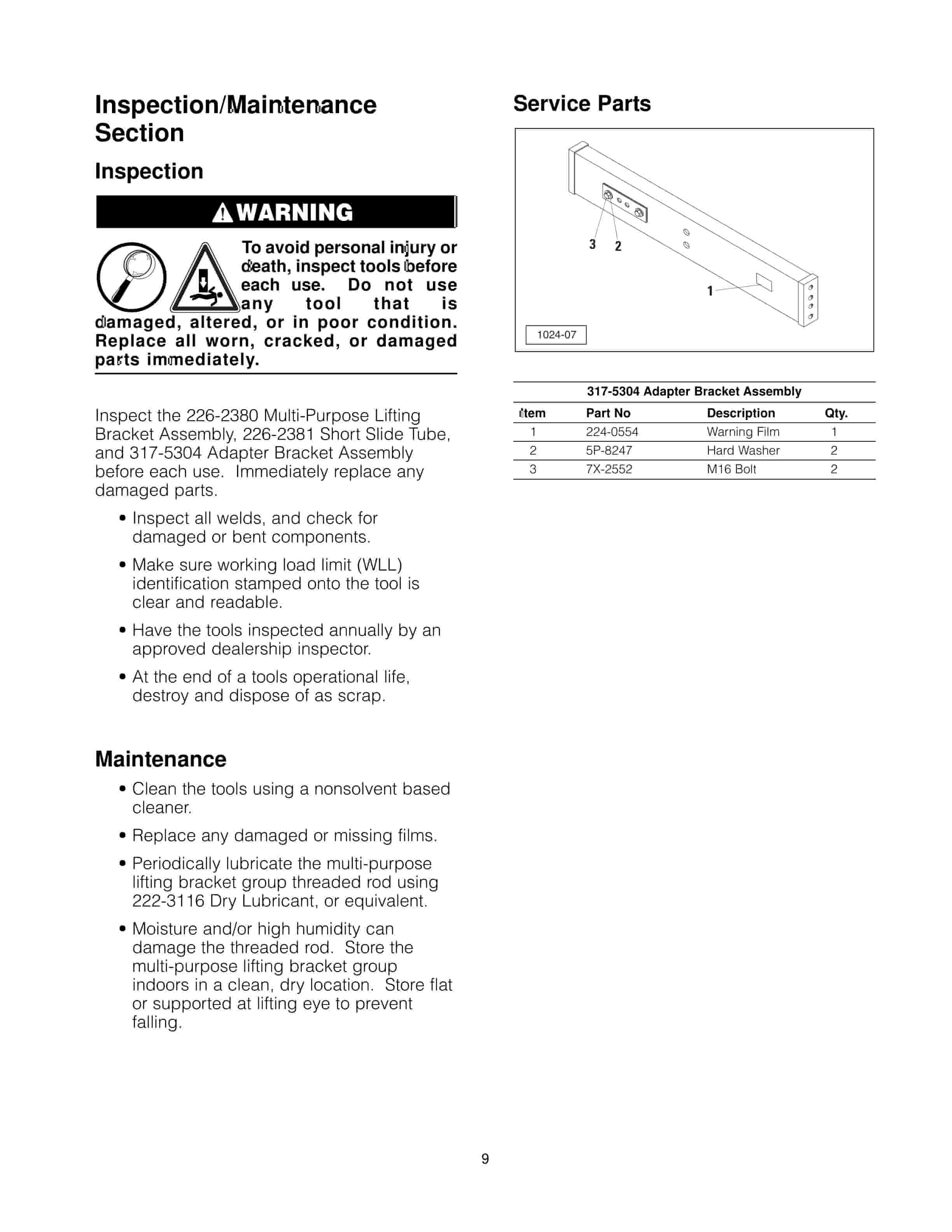 Caterpillar 317-5304 Adapter Bracket Assembly Tool Operating Manual NEHS1024-3