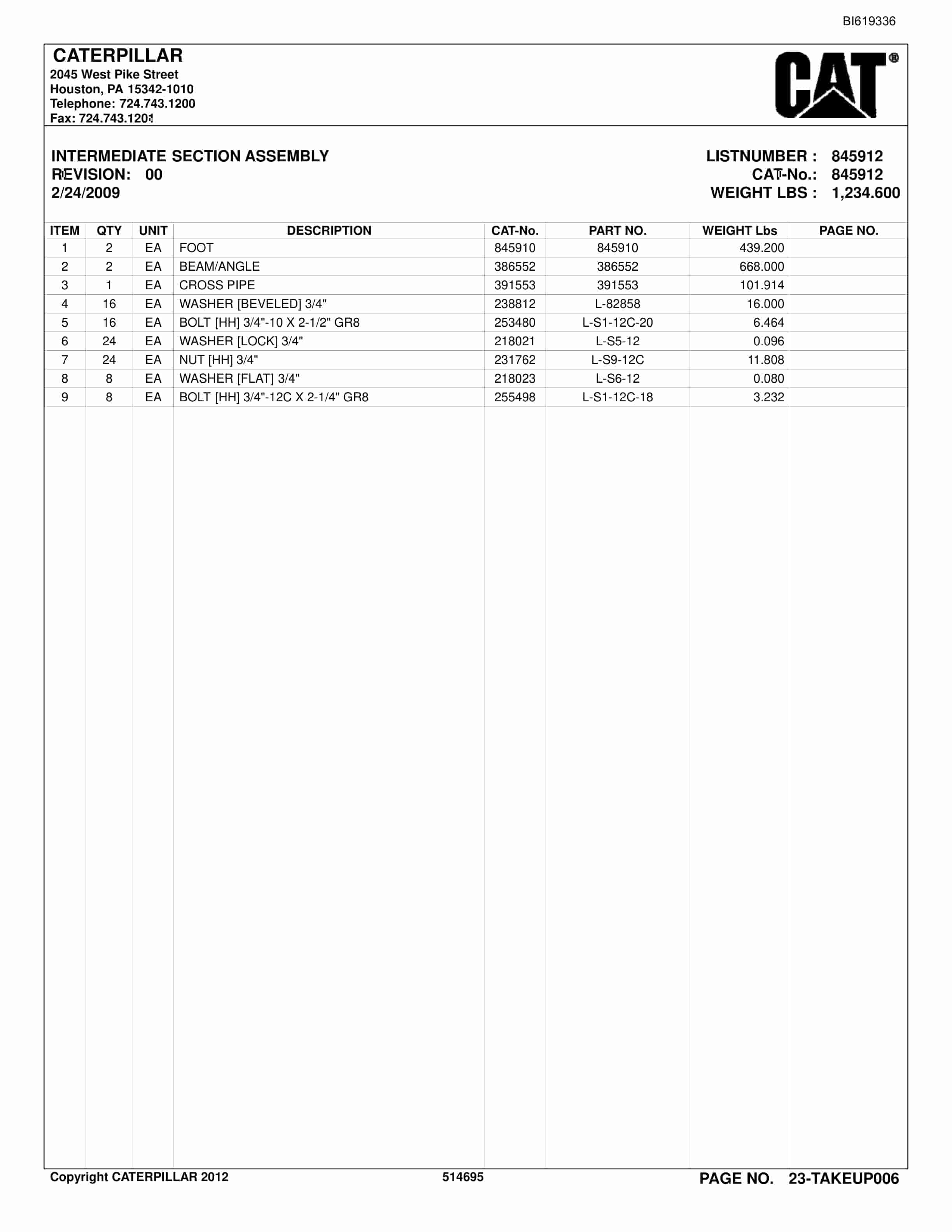 Caterpillar BC100 Belt System Parts Catalog BI619336-3