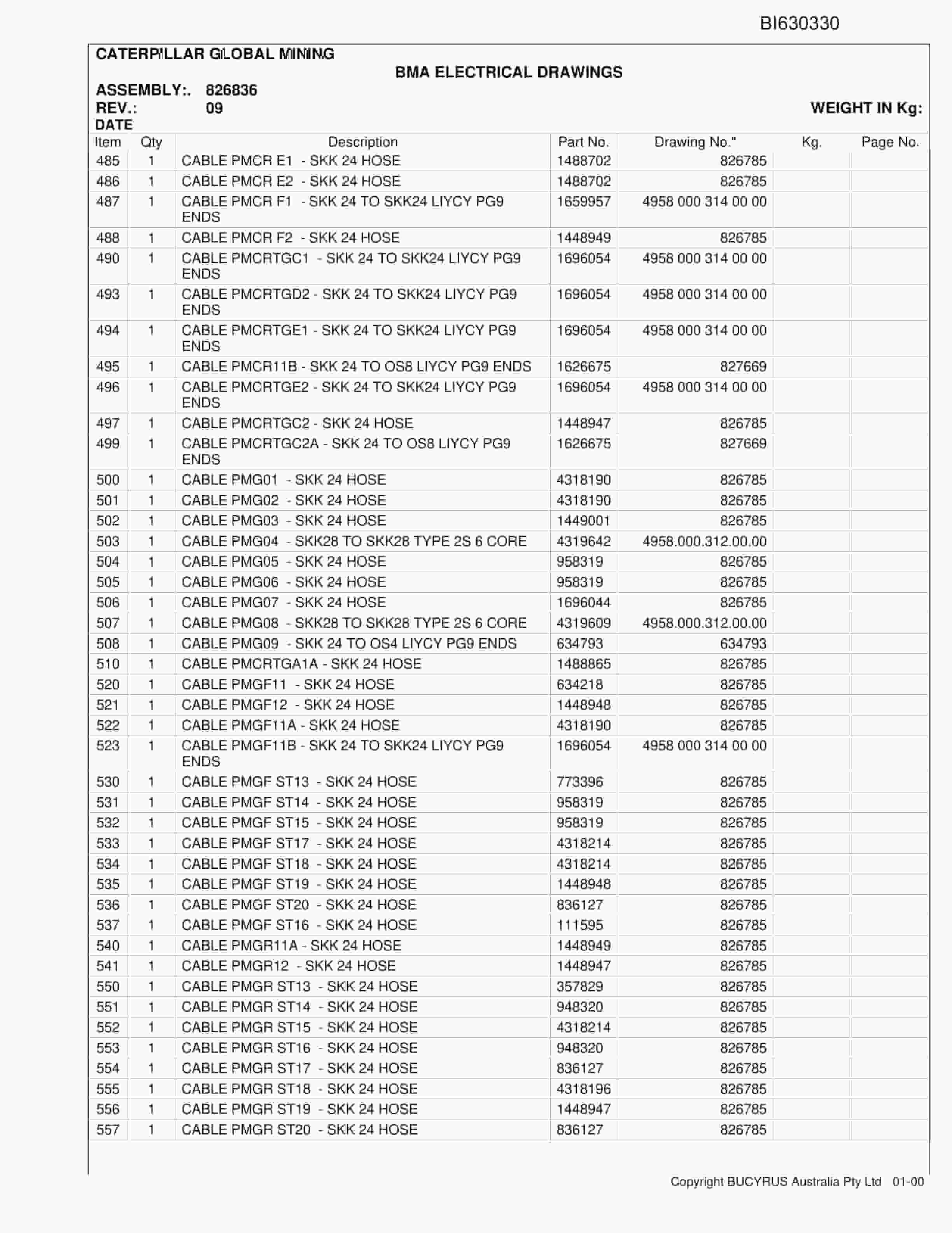 Caterpillar BMA Electrical Drawings Parts Manual BI630330-4